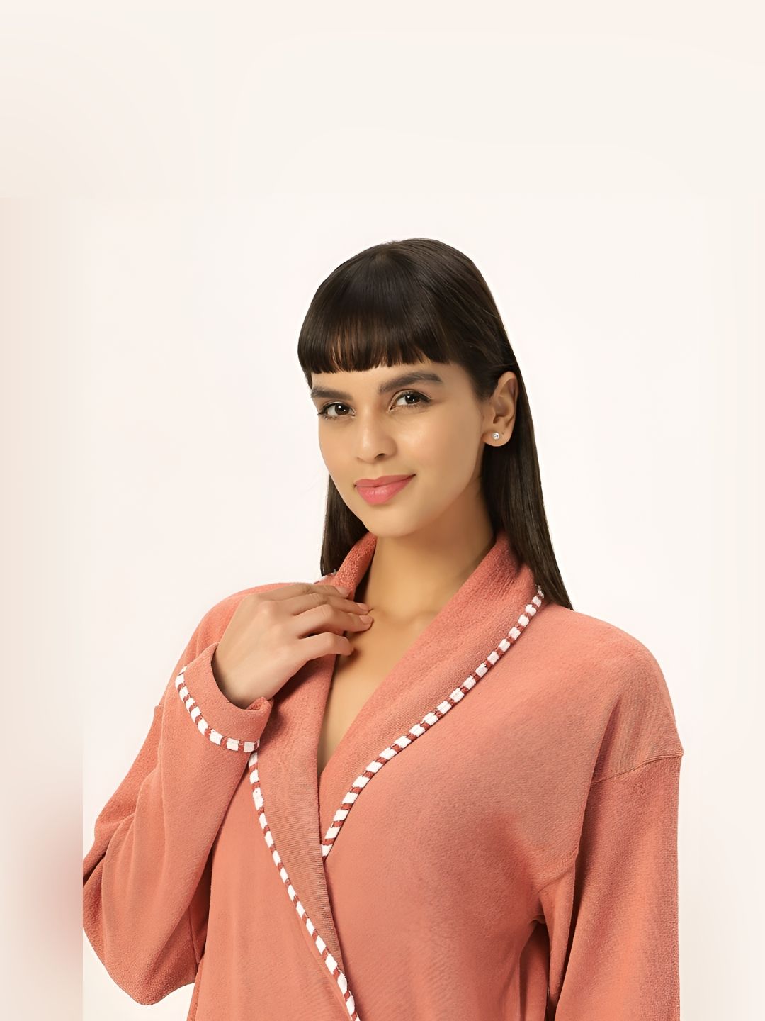 LacyLook Women Orange Printed Double Terry Bath Robe