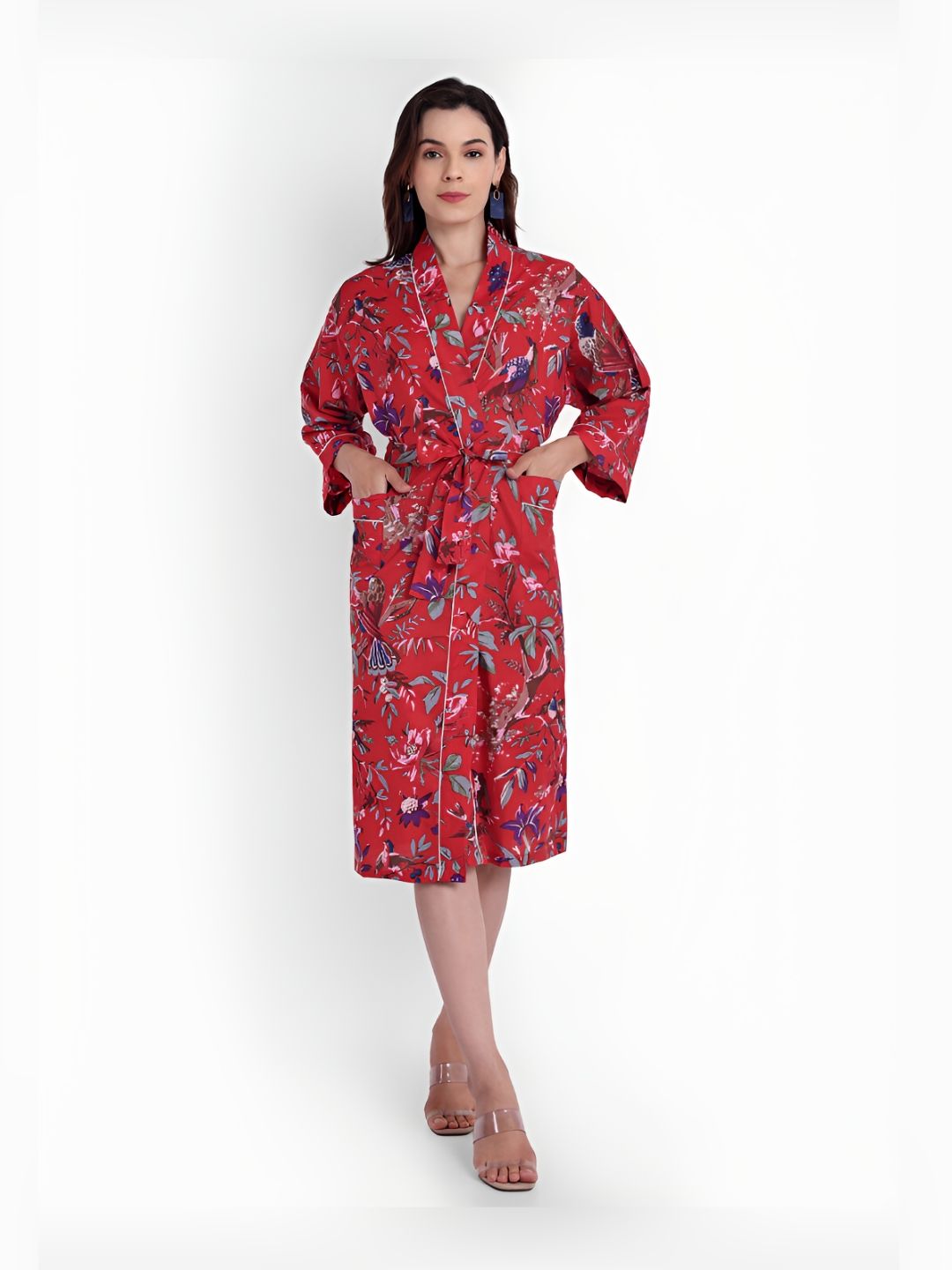 Bohekant Red & Blue Printed Cotton Kimono Bath Robe