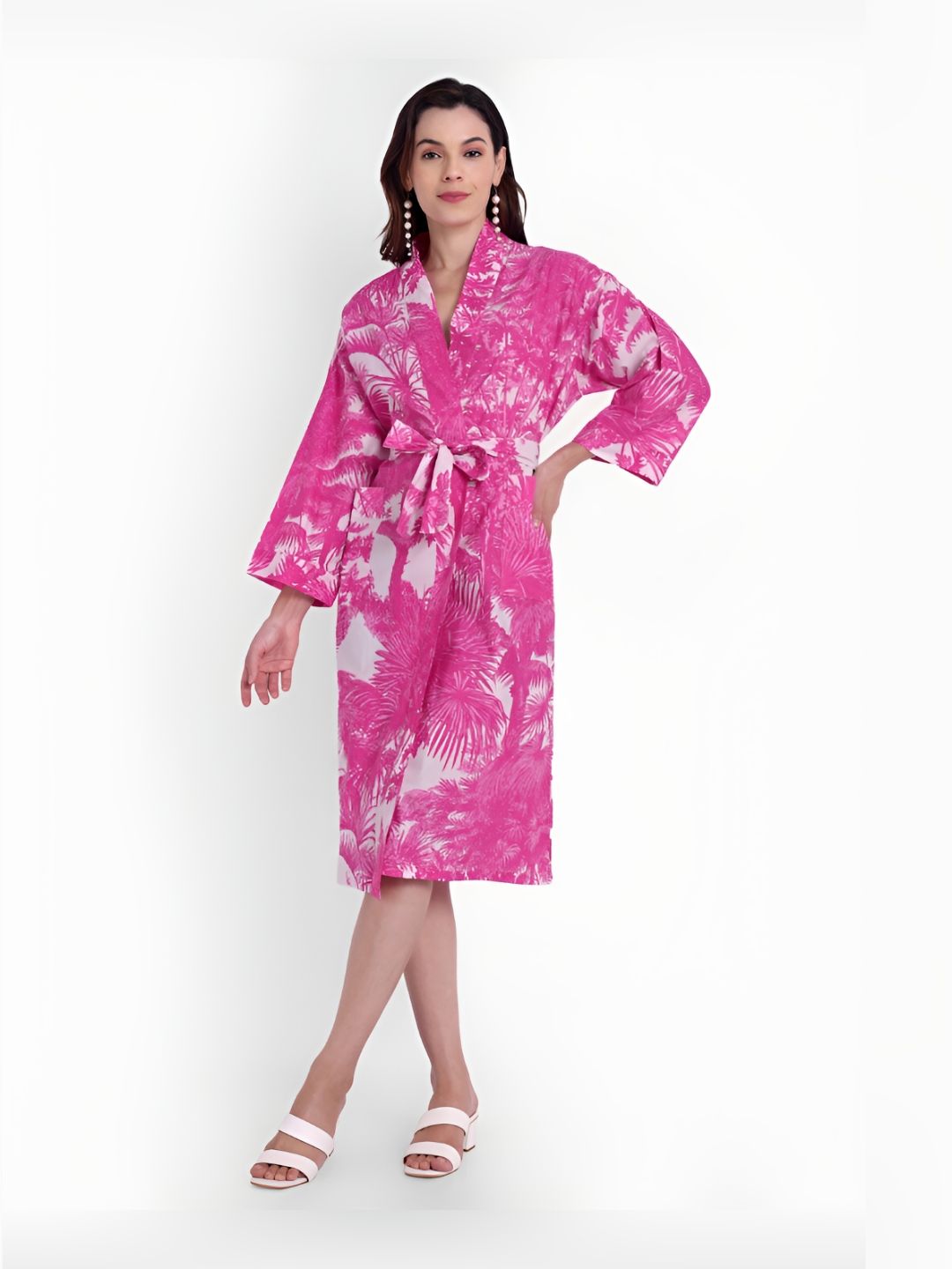 Bohekant White & Pink Printed Cotton Bath Robe