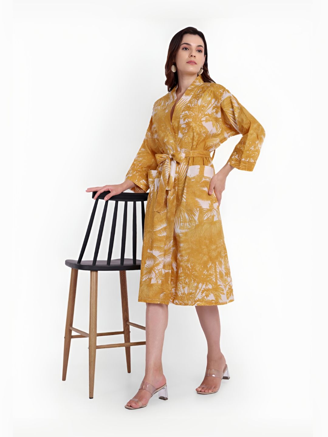 Bohekant White & Mustard Yellow Printed Cotton Bath Robe