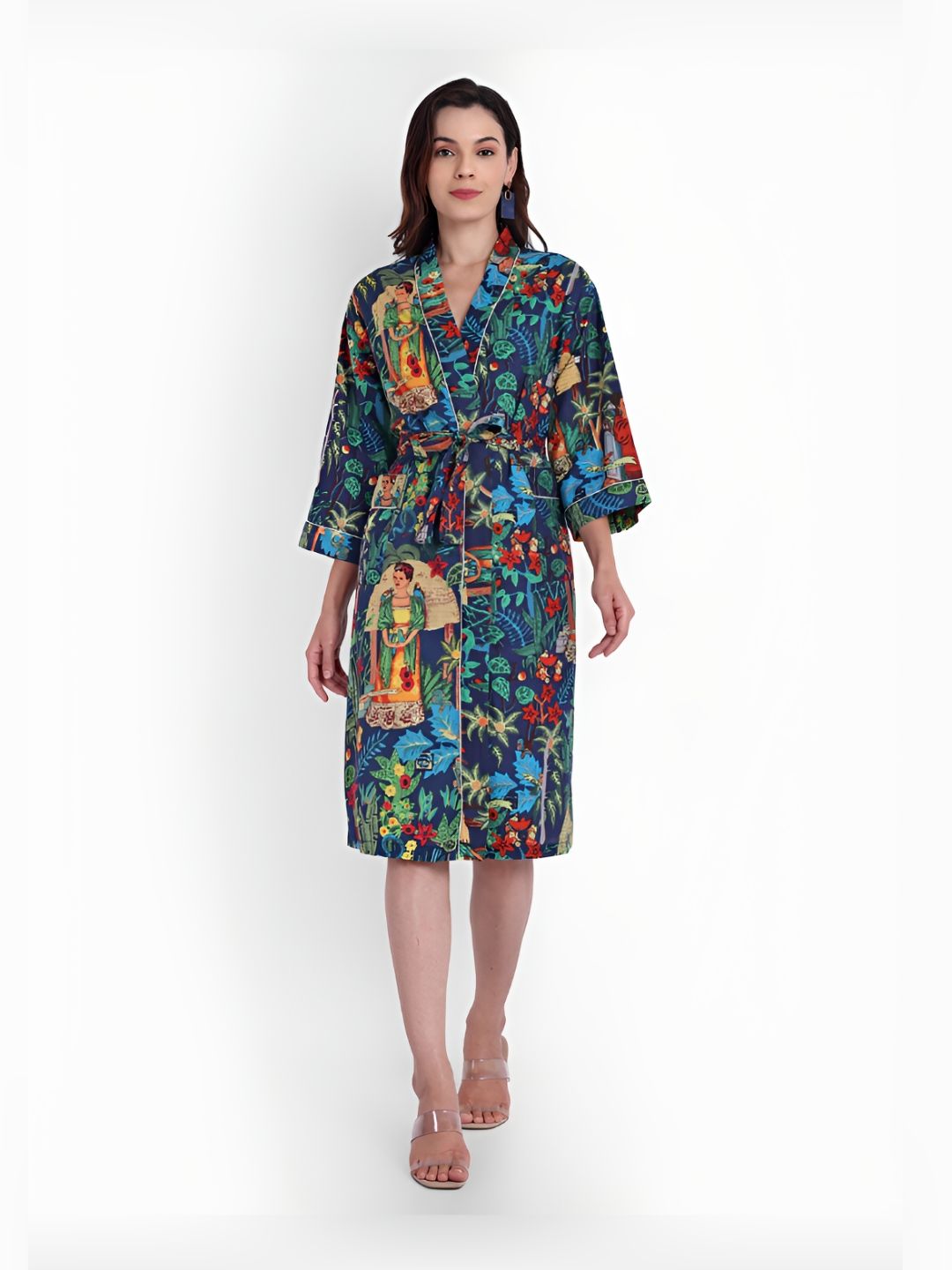 Bohekant Navy Blue Printed Cotton Bath Robe