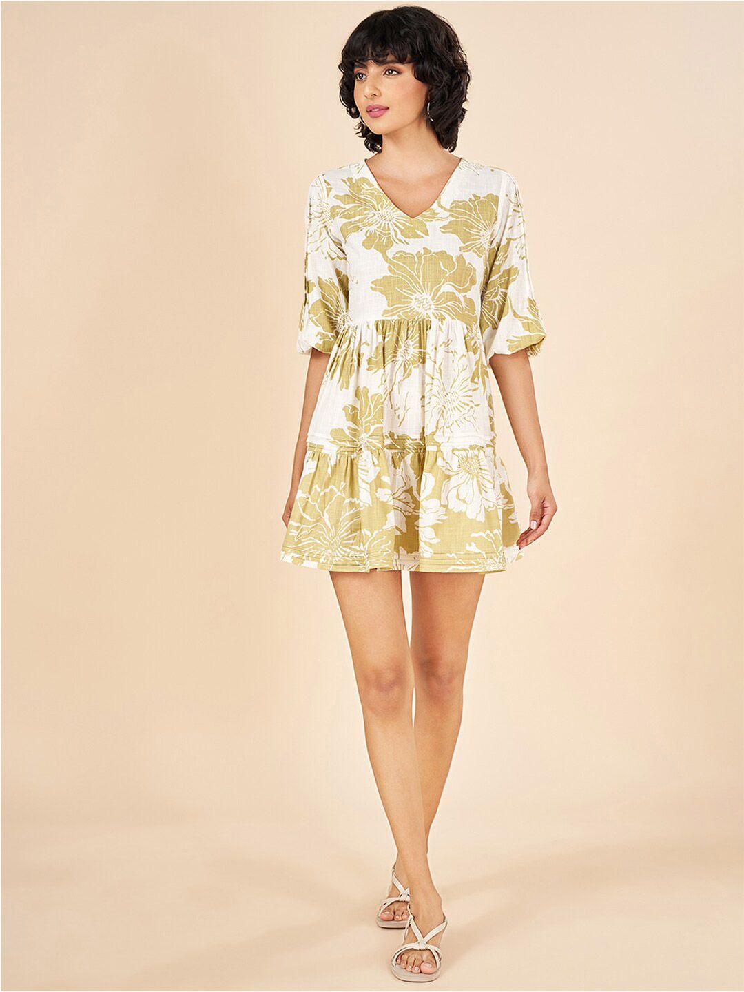 AKKRITI BY PANTALOONS Floral Print V-Neck Three-Quarter Sleeves Fit & Flare Mini Dress
