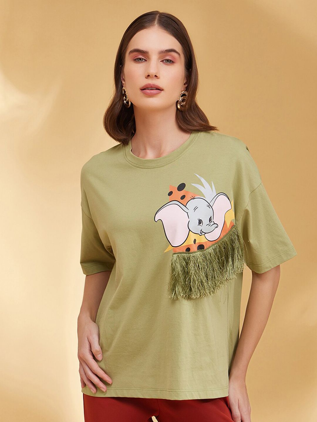 Printed Cotton Boxy T-shirt Kazo Dumbo Graphic Printed Round Neck Short Sleeves Cotton Boxy T-shirt