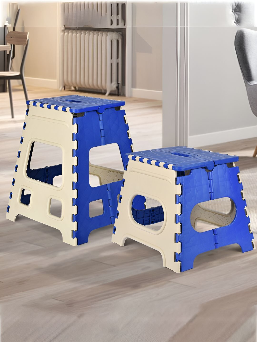 Kuber Industries Cream-Coloured & Blue 2 Pieces Foldable Step Stool