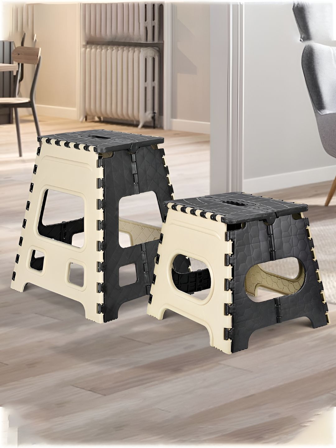 Kuber Industries Cream-Coloured & Black 2 Pieces Foldable Step Stool