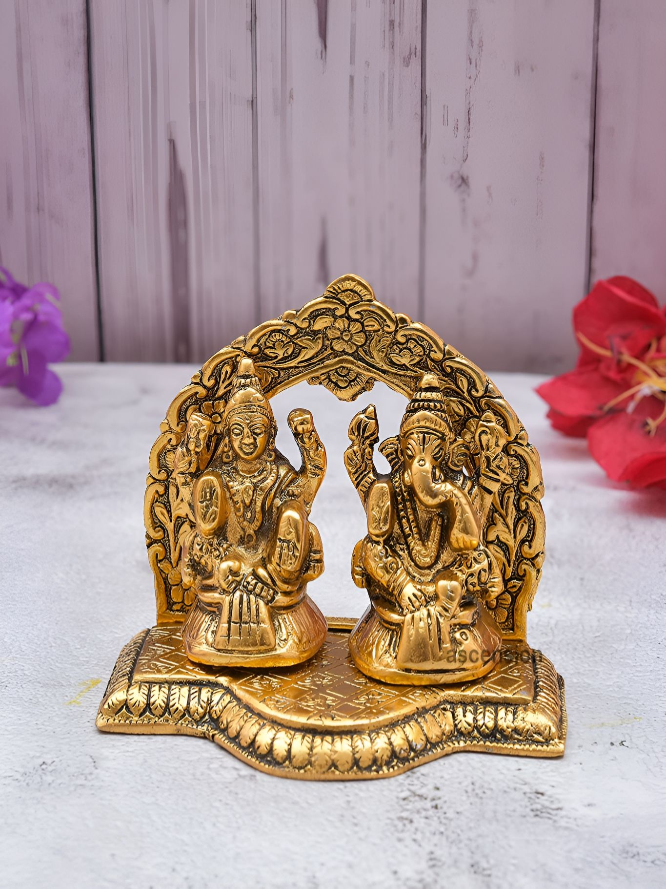 Ascension Laxmi Ganesh Gold Metal Metallic Prayer Room Tiny Showpiece - 4.1 Inches