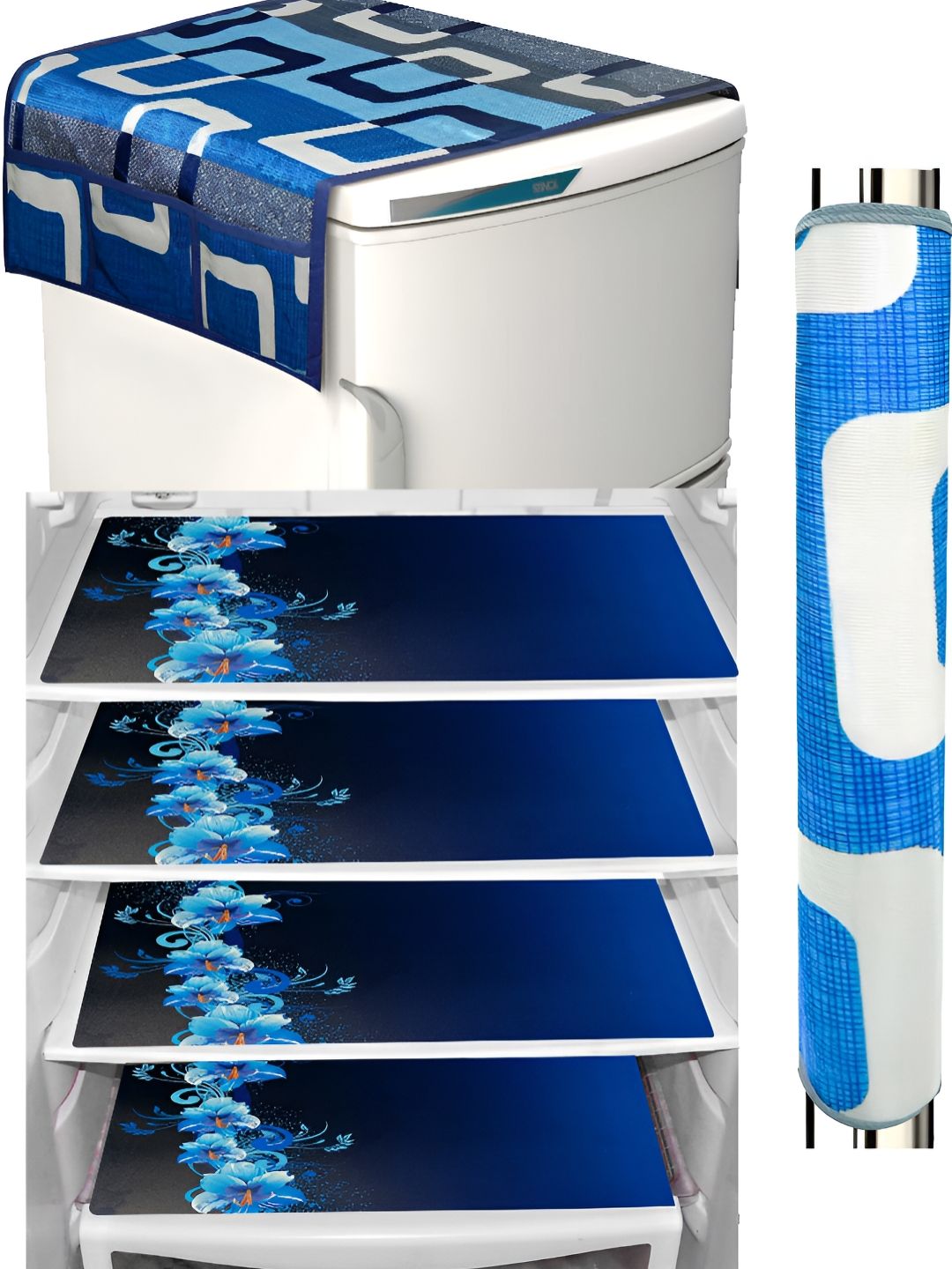 REVEXO Blue & White 5Pcs Printed Fridge Cover & Mats
