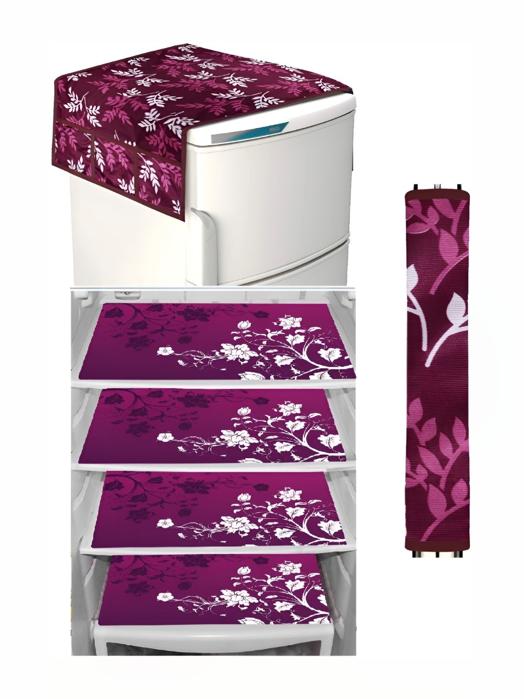 REVEXO Burgundy & White 5 Pieces Printed Fridge Top Cover Handle Covers & Mats