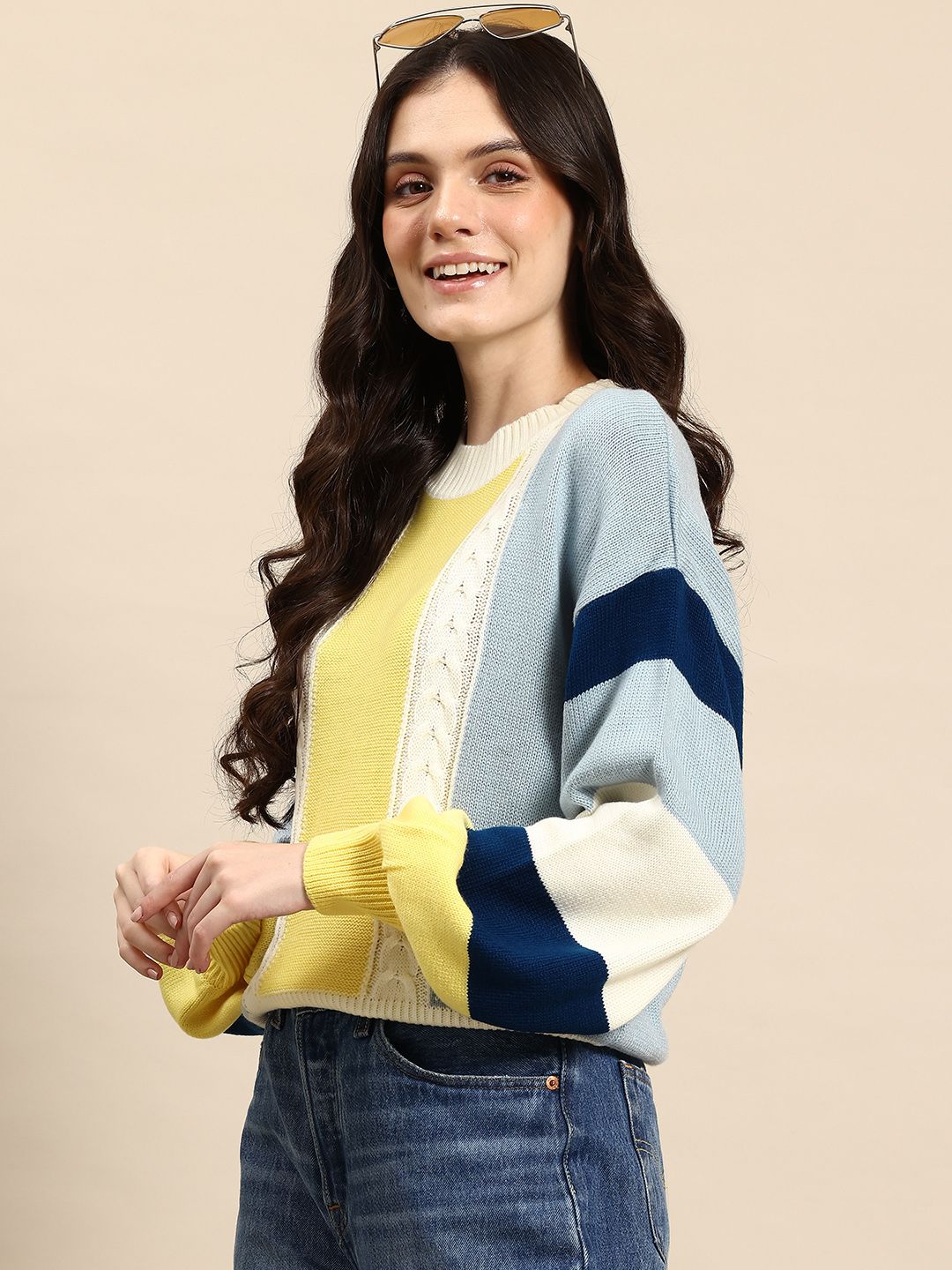 Mast & Harbour Mast & Harbour Colourblocked Cable Knit Pullover