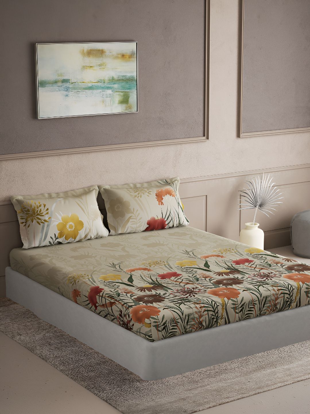 DDecor Brown & Green Floral Cotton 144 TC King Bedsheet With 2 Pillow Covers
