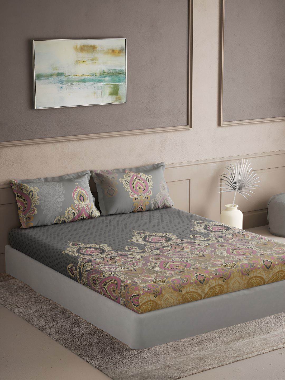 DDecor Live Beautiful Grey Ethnic Motifs Cotton 144 TC King Bedsheet with 2 Pillow Covers-108 x 108 inches