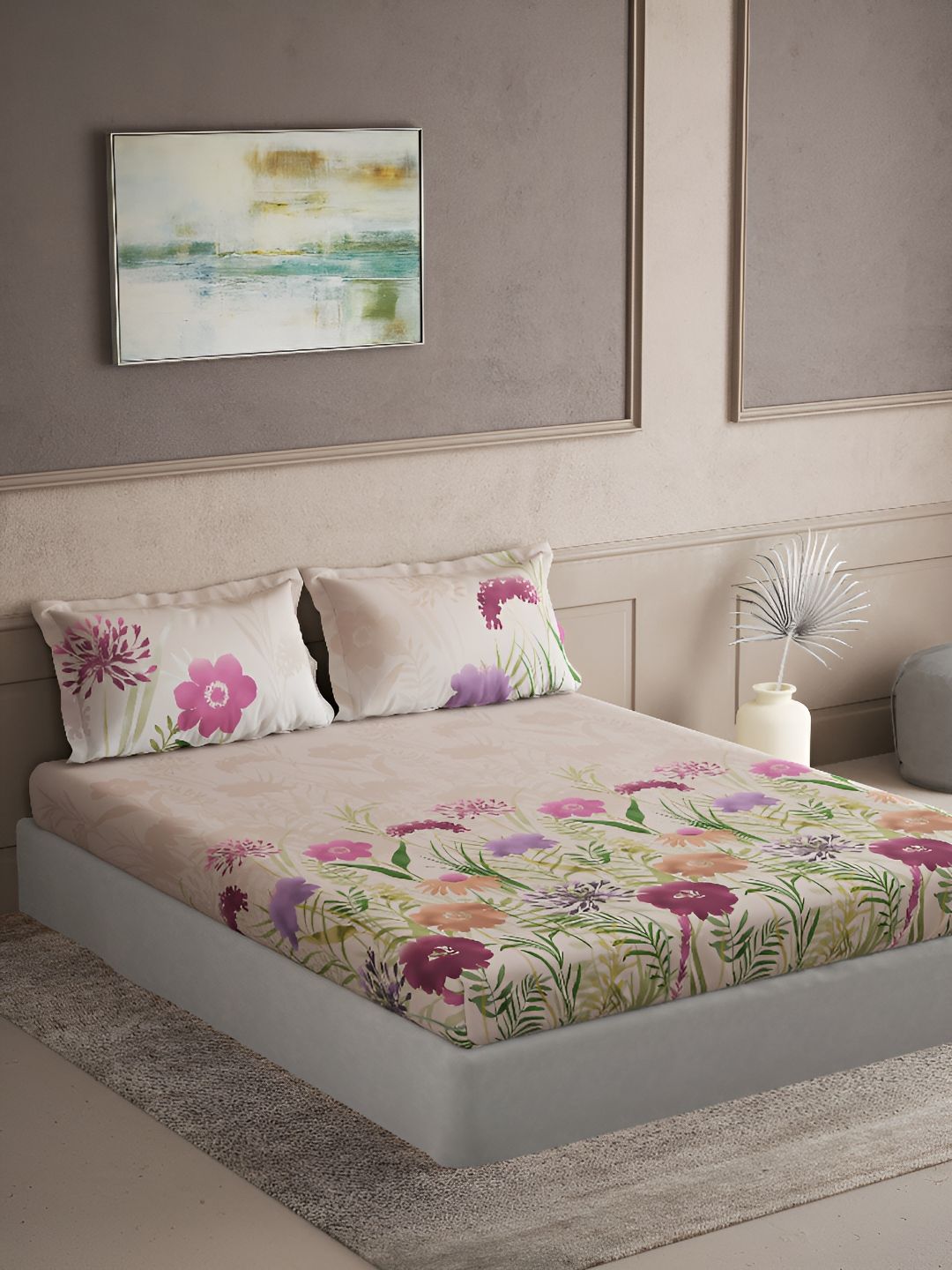 DDecor Pink & Purple Floral Printed Cotton 144 TC King Bedsheet with 2 Pillow Covers