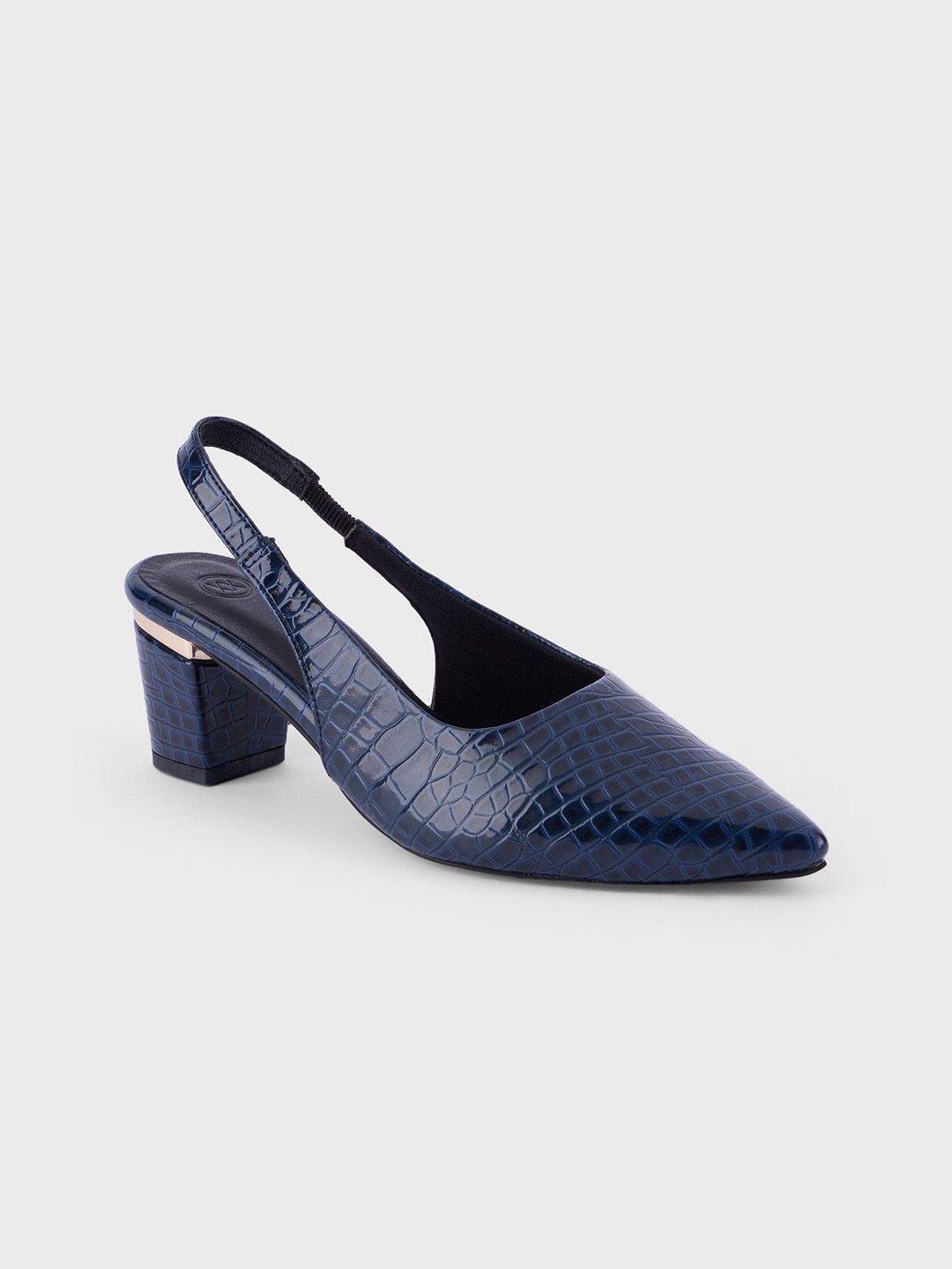 20Dresses Navy Blue Pointed Toe Textured Block Heeled Mules