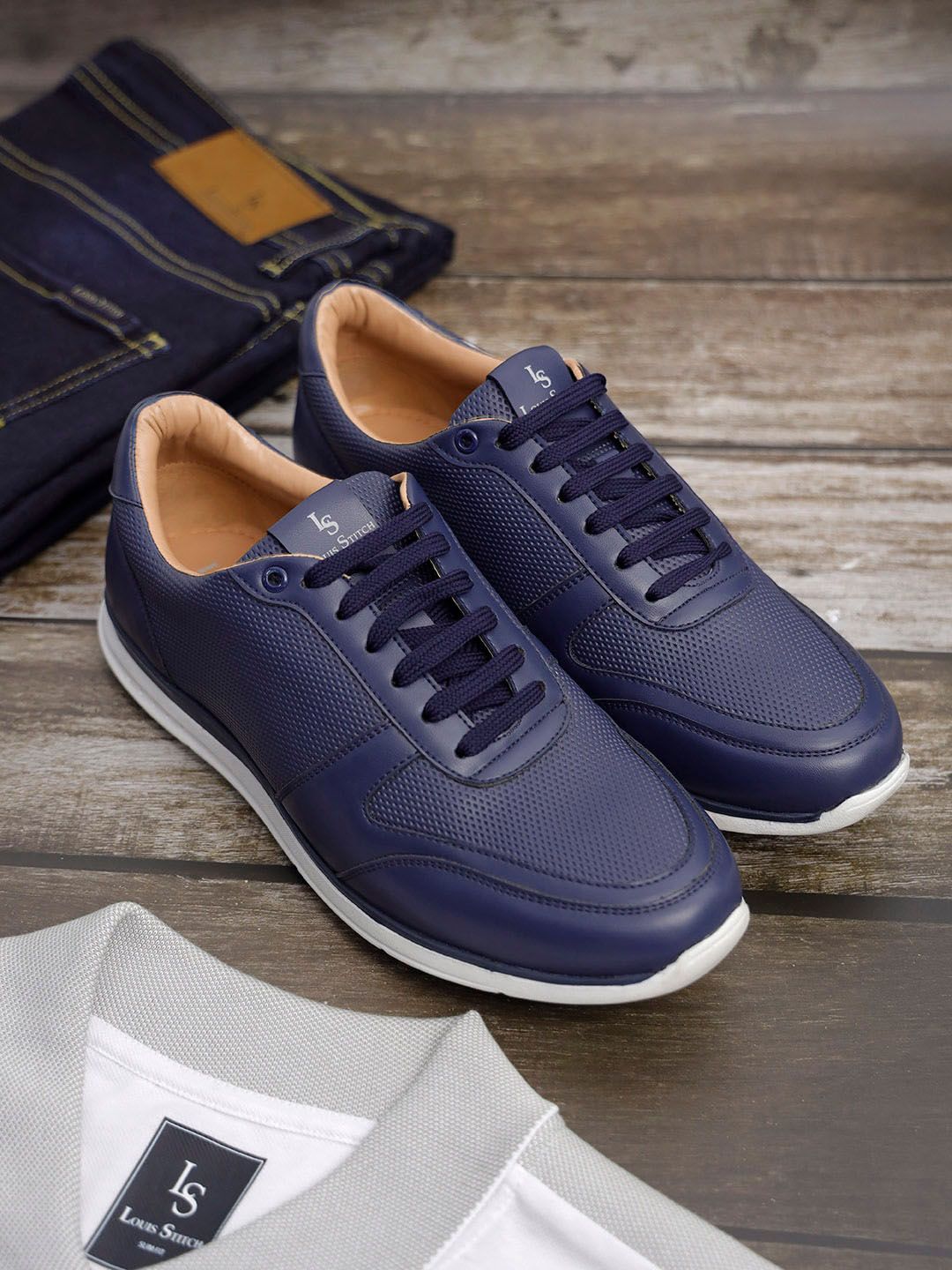 LOUIS STITCH Men's Casual Diamond Embossed Blue Sneakers