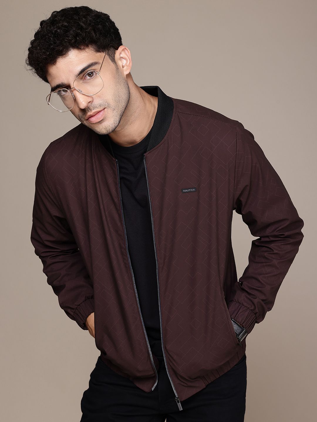 Nautica Geometric Printed Stand Collar Bomber Jacket