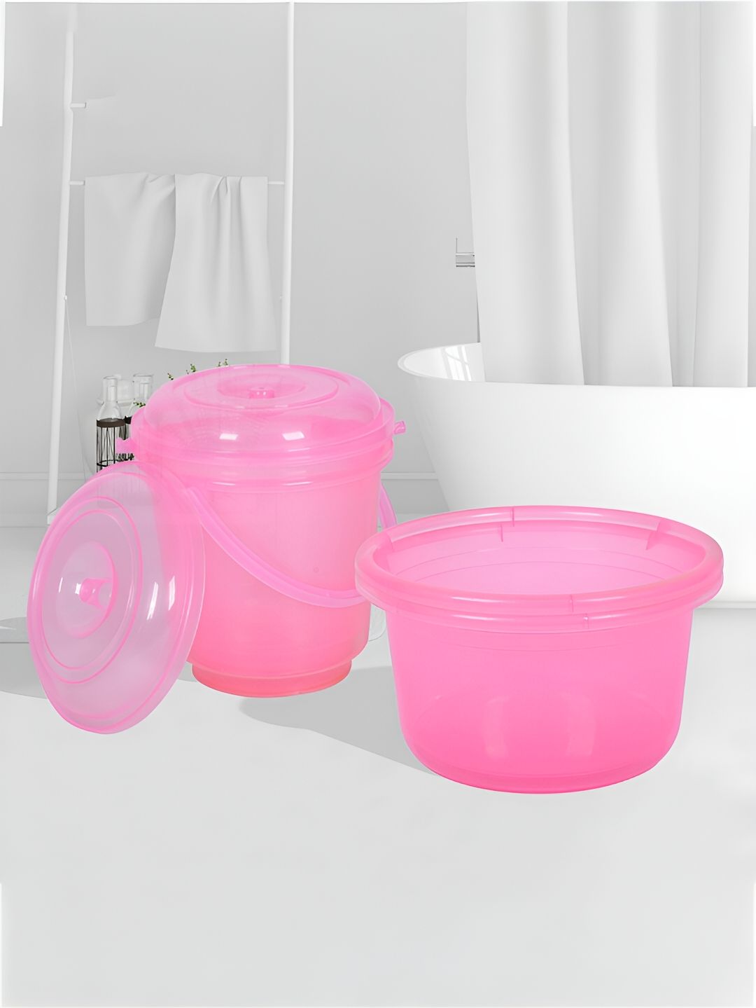 Kuber Industries Transparent & Pink 4 Pieces Bathroom Tub & Buckets