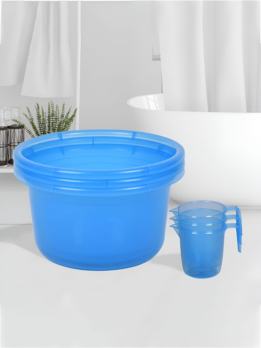 Kuber Industries Transparent & Blue 6 Pieces Solid Bathroom Tub & Mug