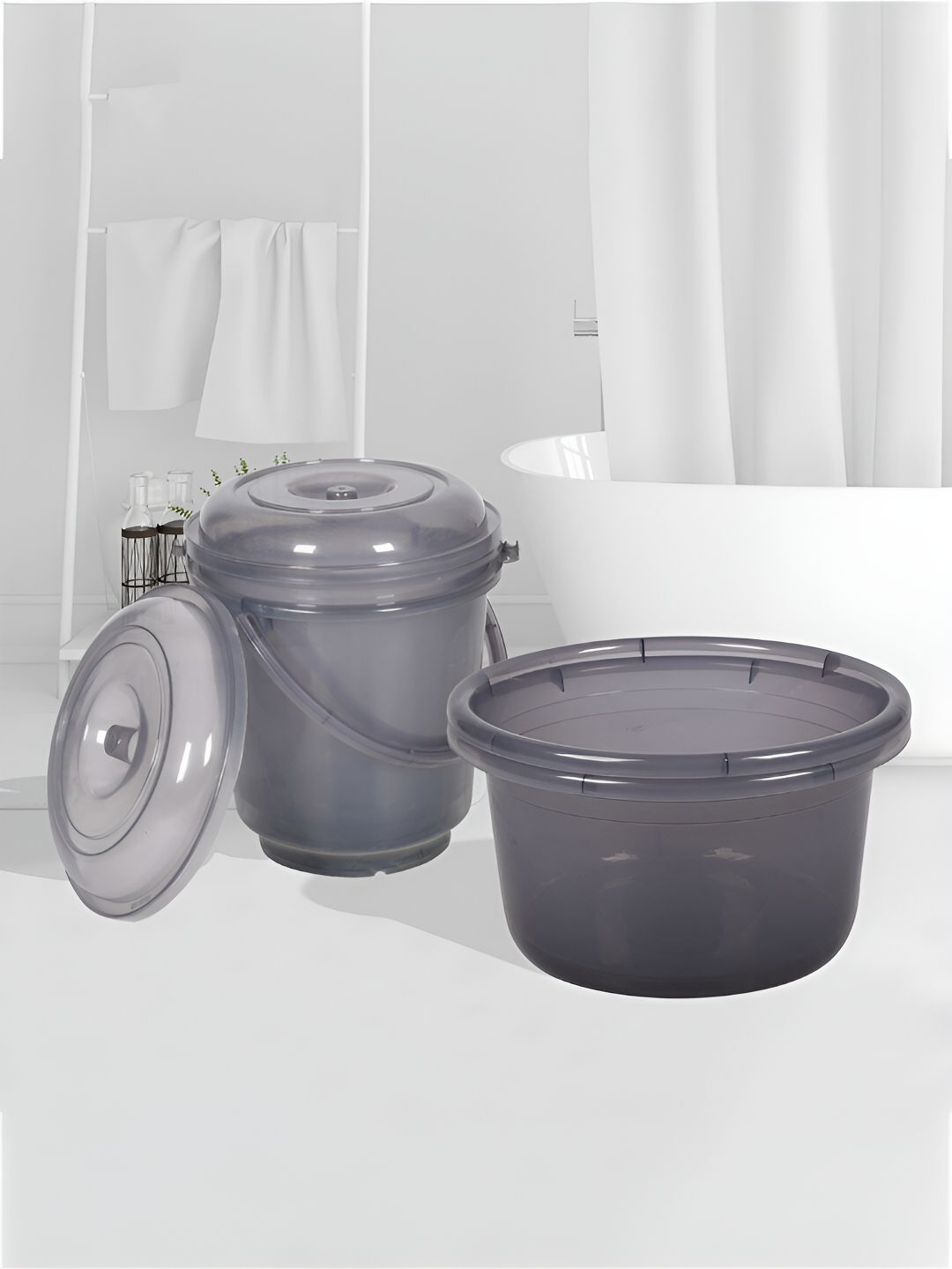 Kuber Industries Transparent Grey 4 Pieces Bathroom Tub & Buckets