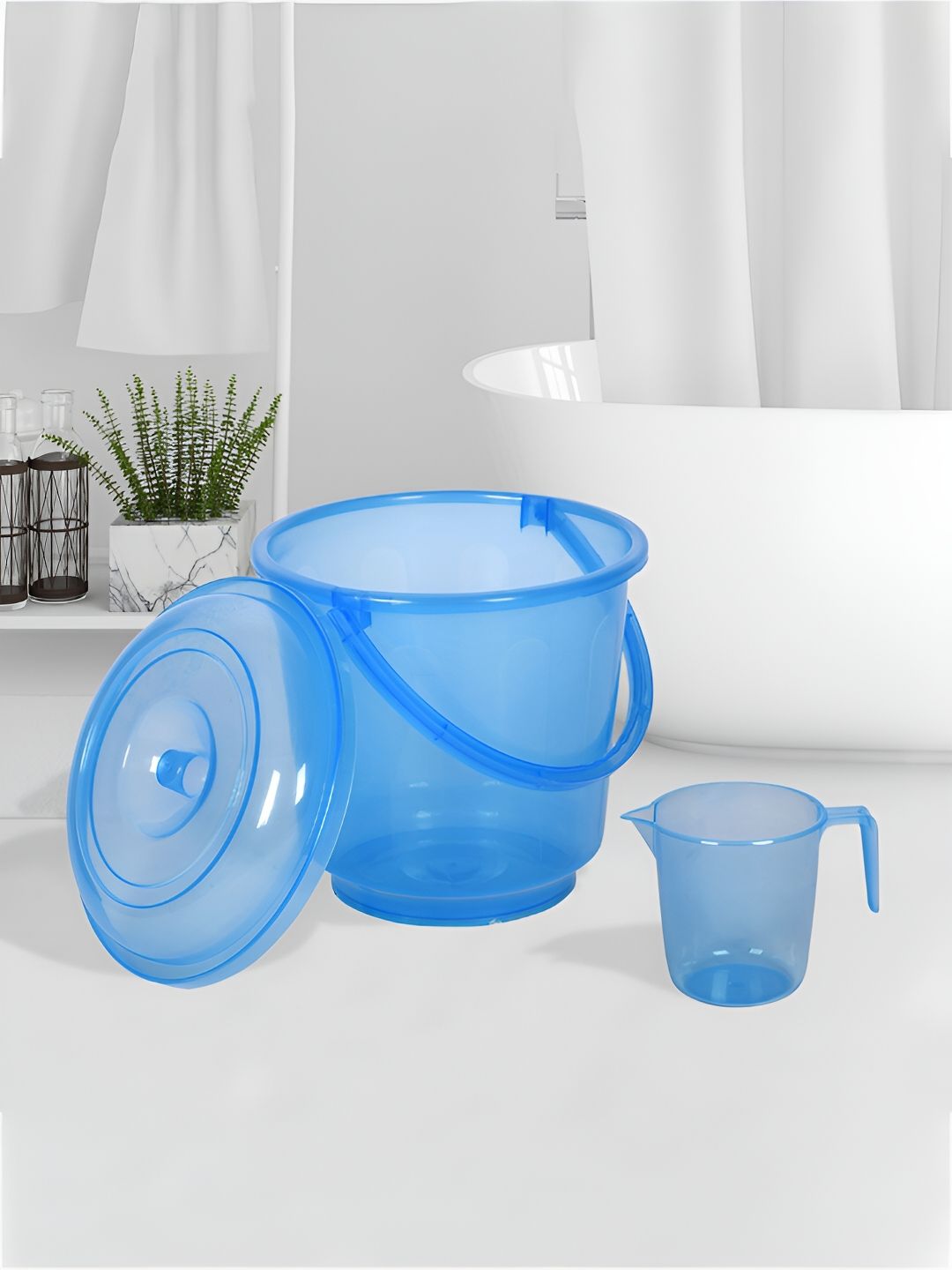 Kuber Industries Transparent & Blue 2 Pieces Bathroom Bucket & Mugs