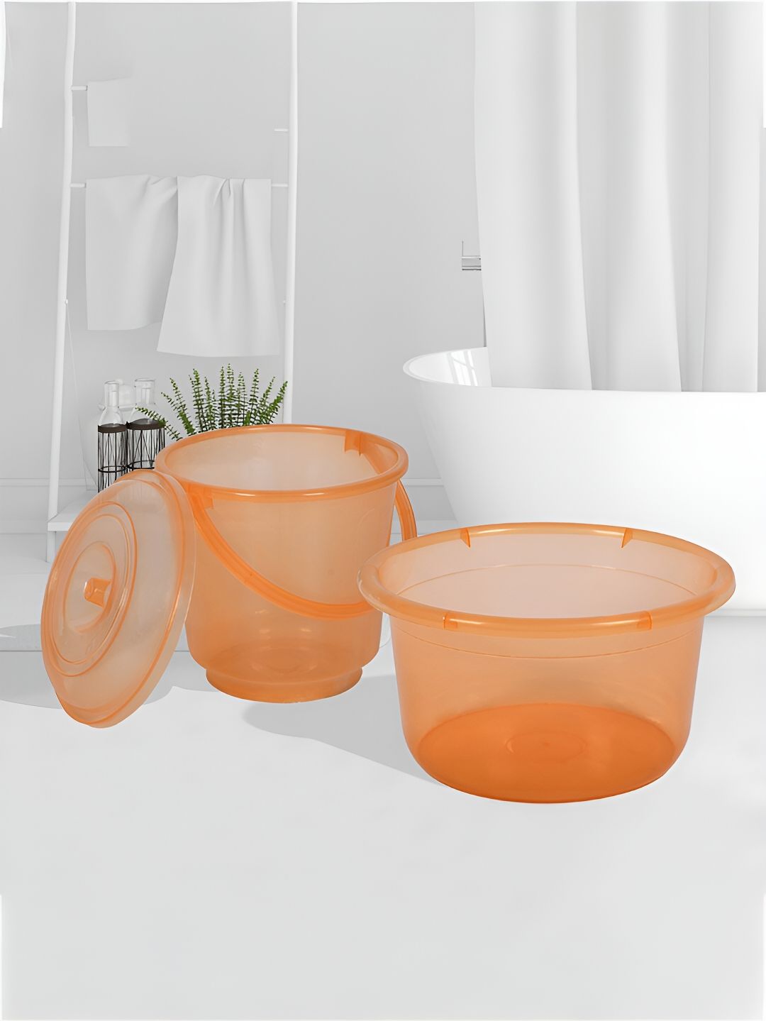 Kuber Industries Transparent & Orange 2 Pieces Bathroom Tub & Bucket