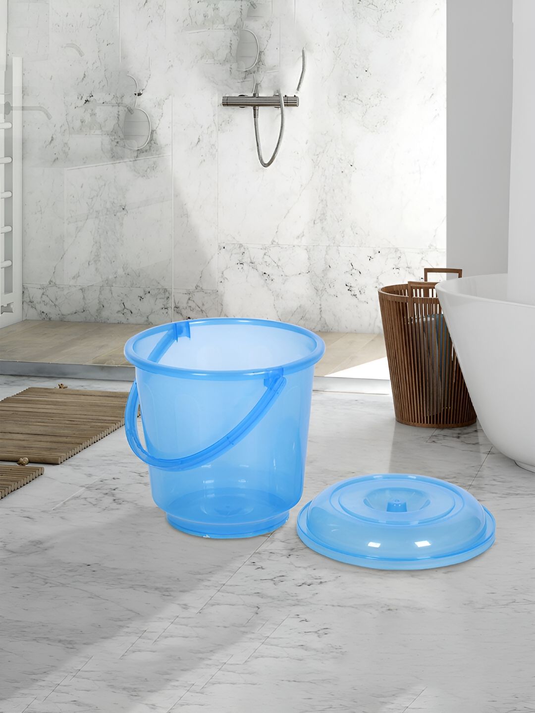 Kuber Industries Blue & Grey 4 Pieces Bathroom Buckets With Lids