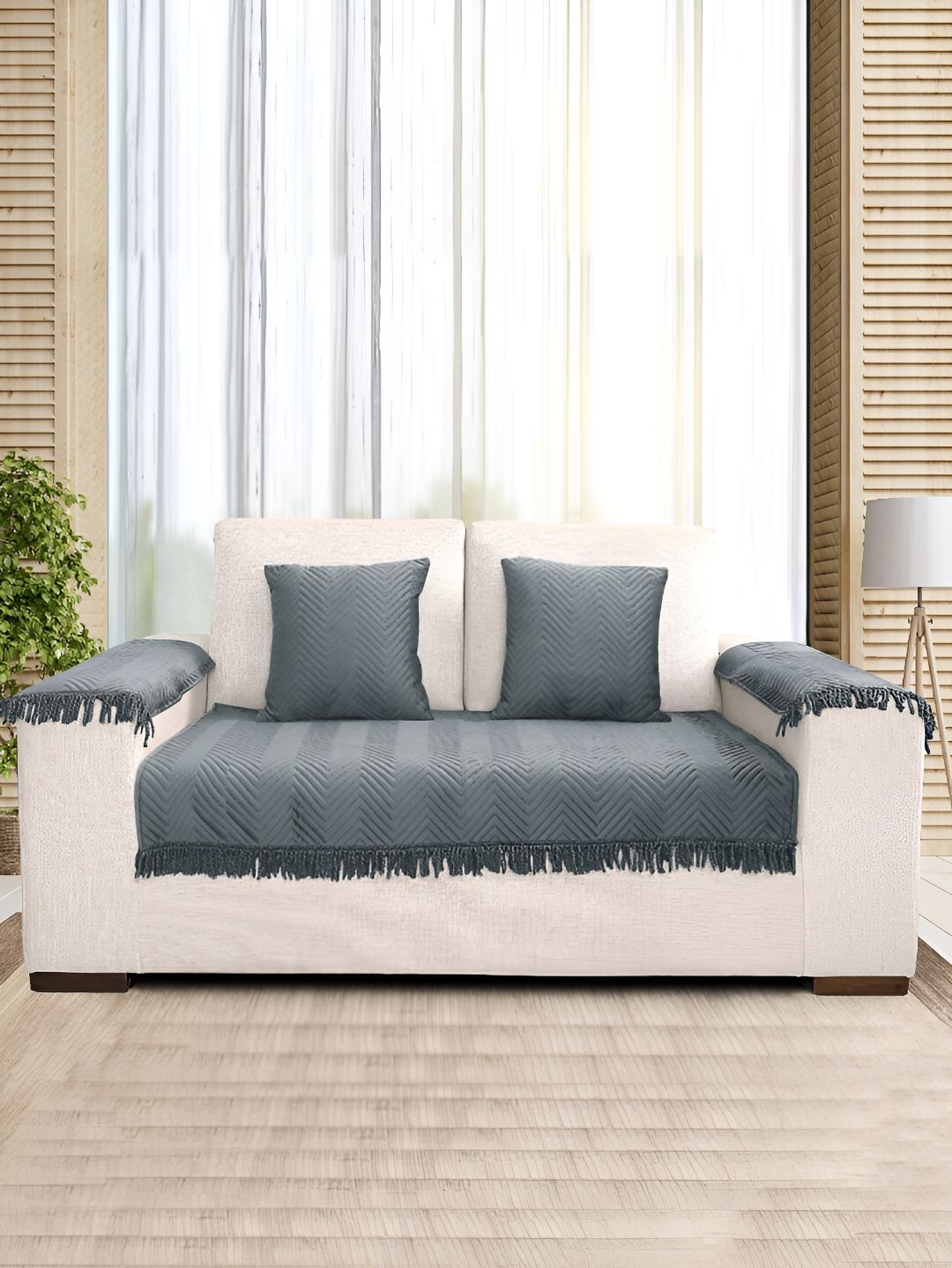Saral Home Chevron Velvet 2 Seater Sofa Cover with Arms Cover and Cushion Cover-28x47In
