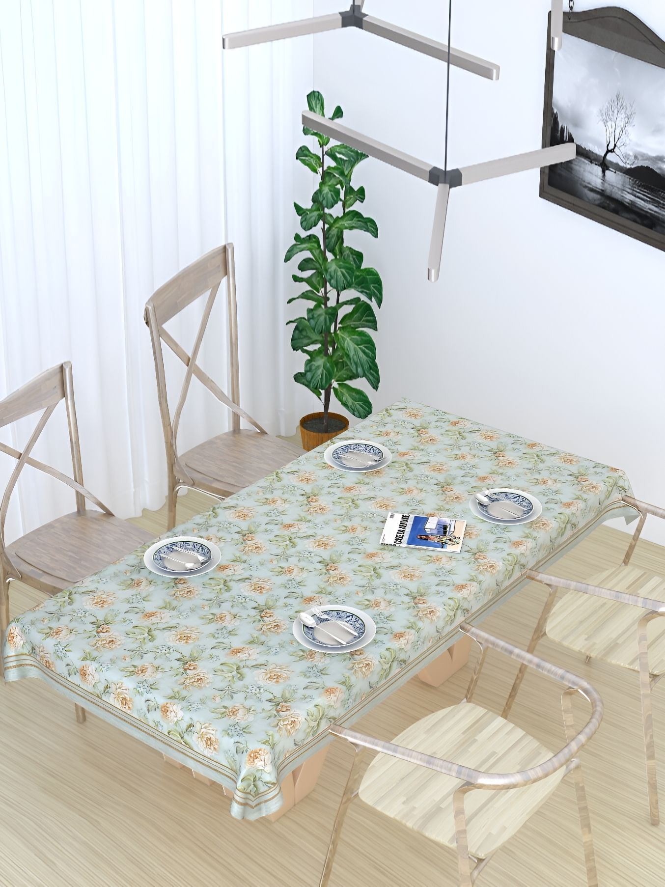 TANLOOMS Green Floral Cotton 8-Seater Table Cover with Textured details