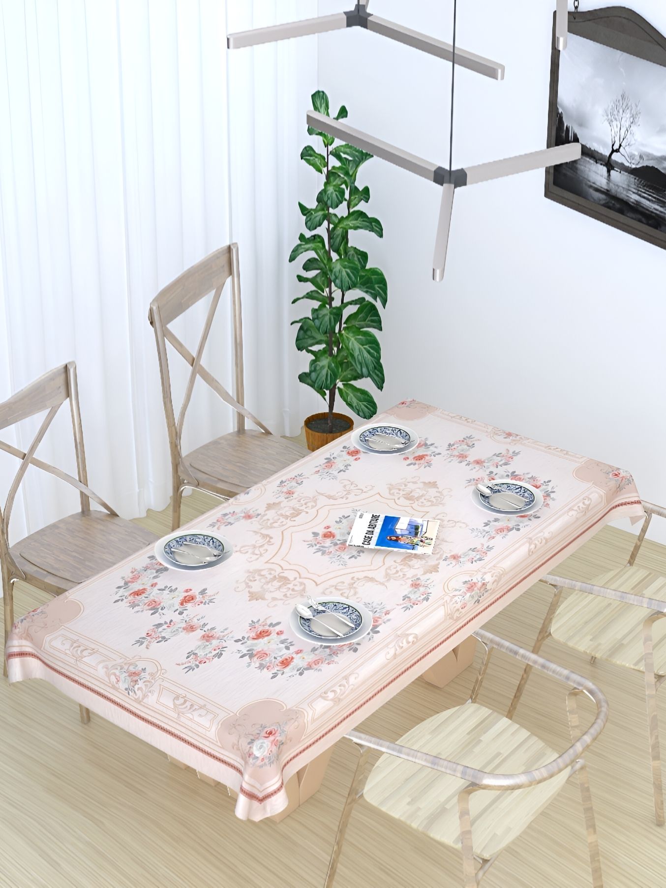 TANLOOMS Cream-Coloured Floral Cotton 8-Seater Table Cover with Textured details
