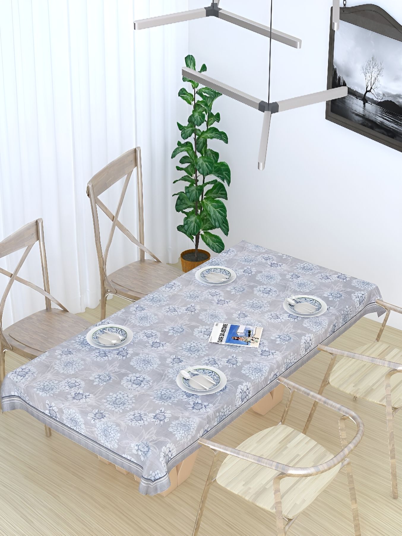 TANLOOMS Blue Floral Textured Cotton 8-Seater Table Cover