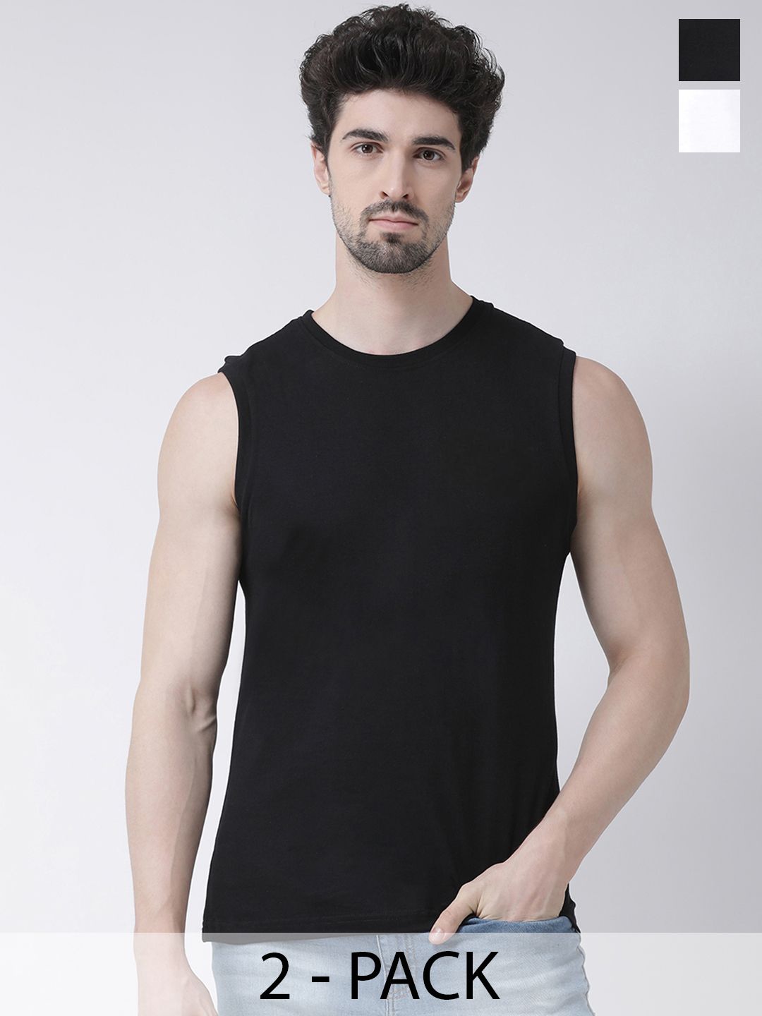 Friskers Pack Of 2 Round Neck Sleeveless Pure Cotton Slim Fit T-shirt