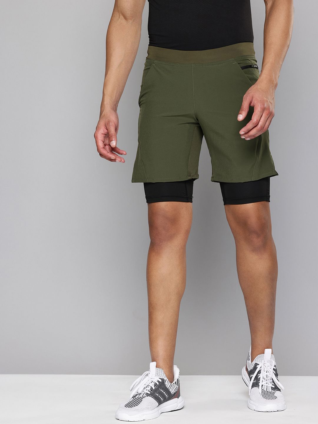 Decathlon DOMYOS - Mens Khaki Quick Dry Fitness Shorts With Inner Tights