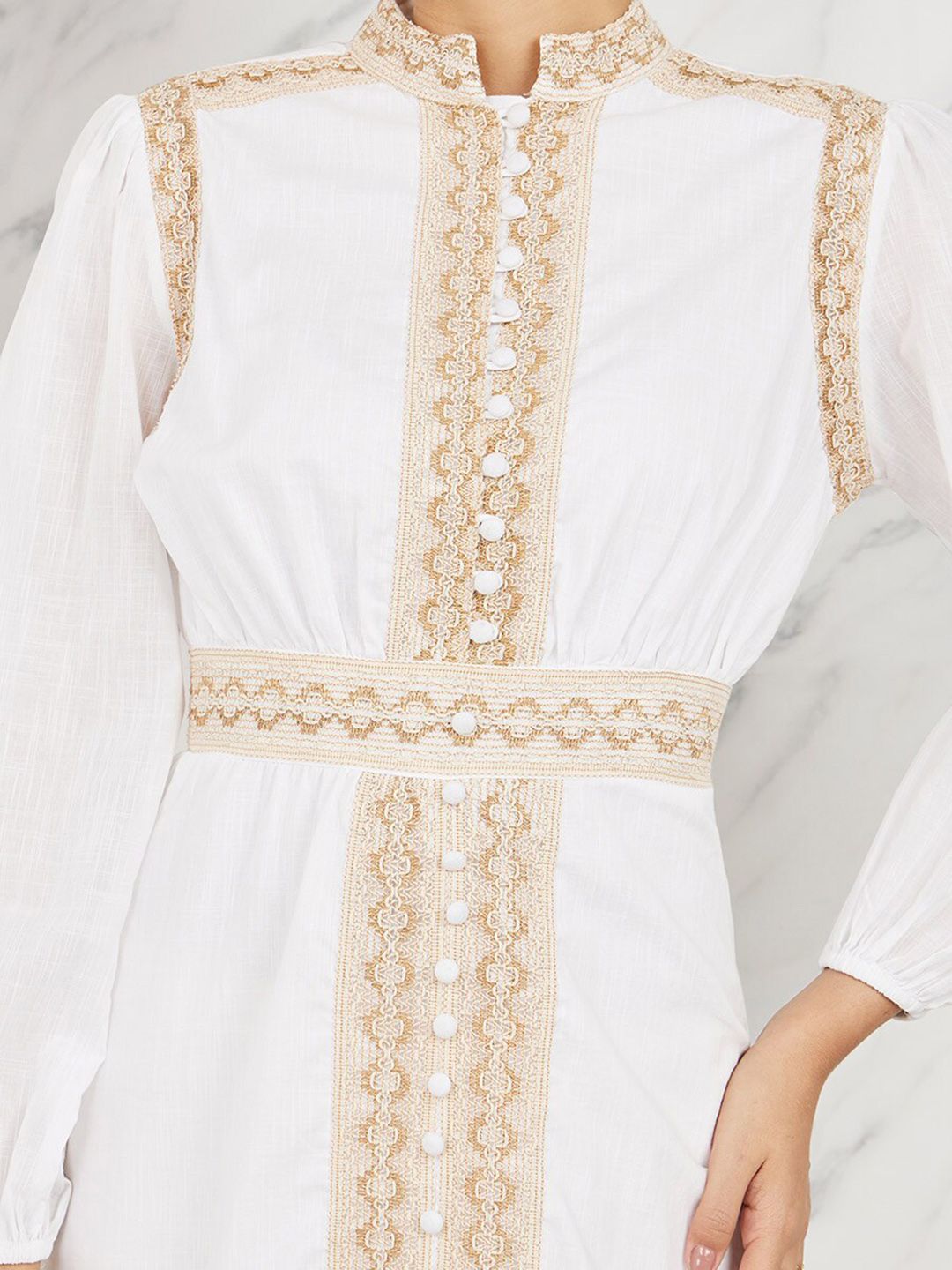 Buy Styli Off White Embroidered Lace Pure Cotton A-Line Midi Dress