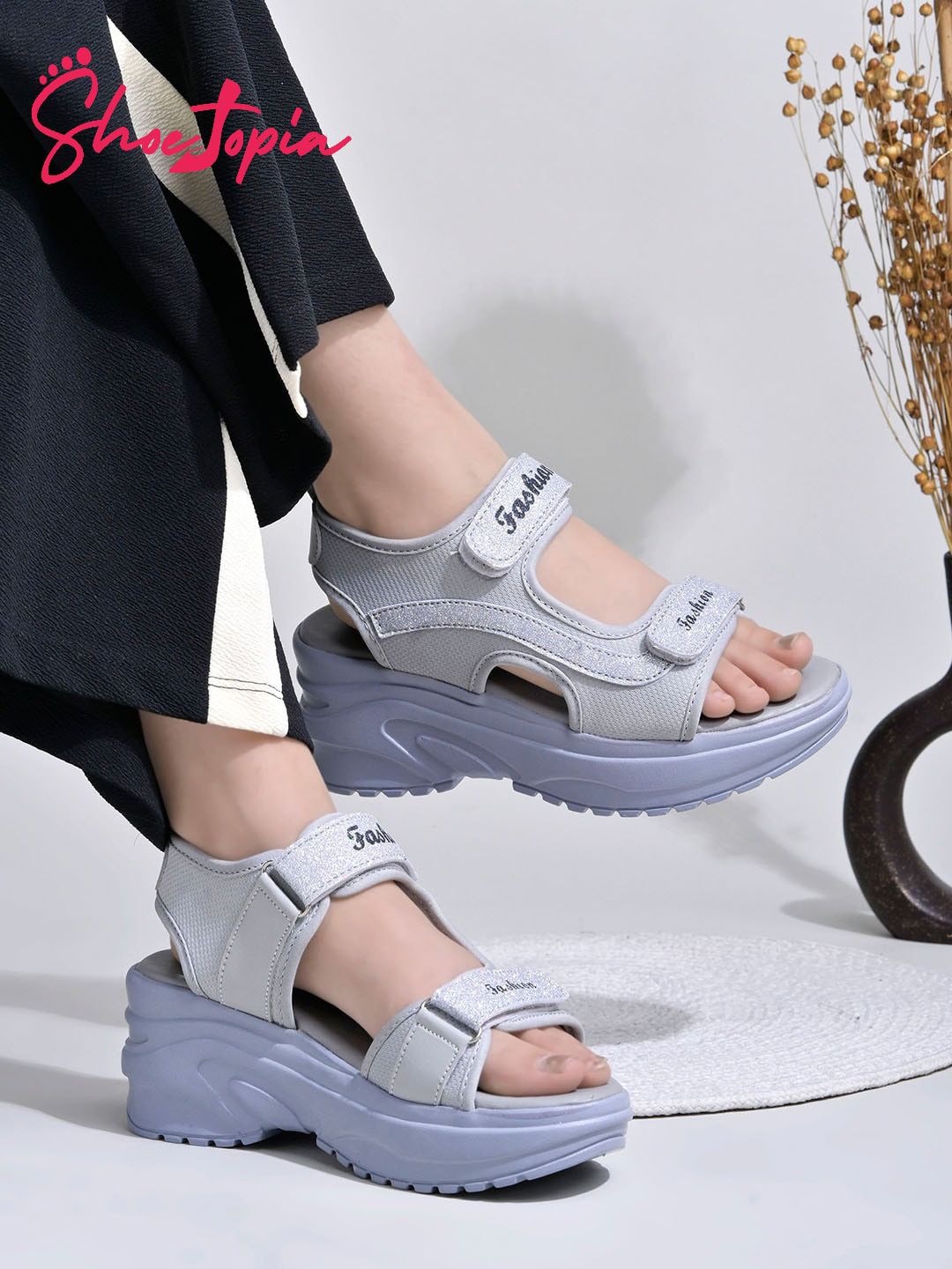 Shoetopia Embellished Open Toe Velcro Wedges