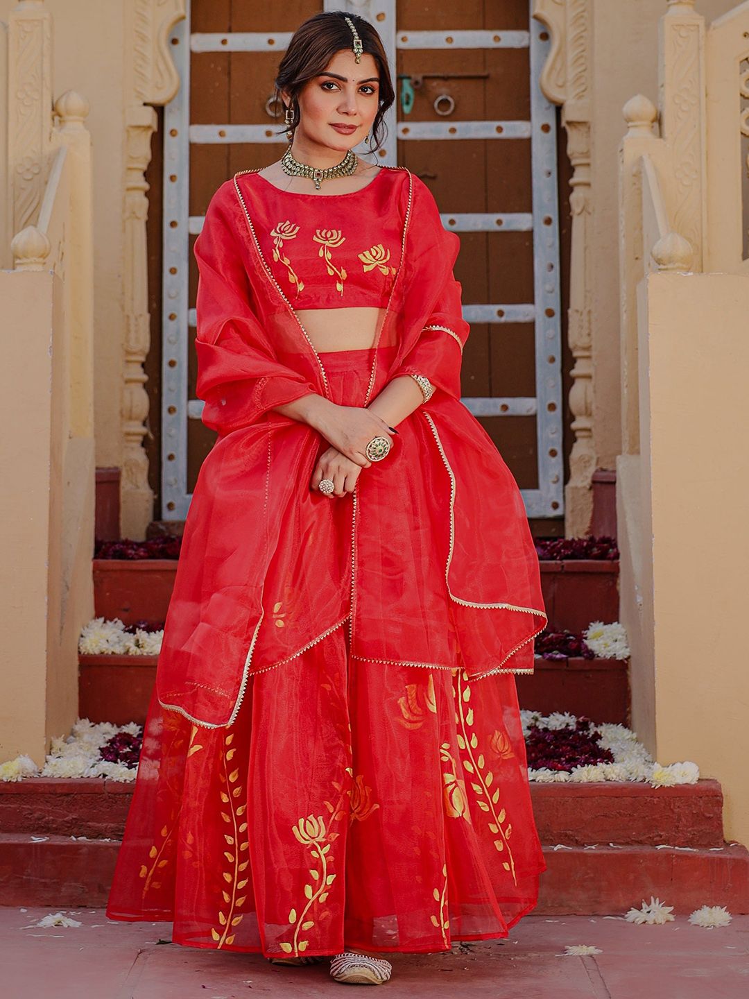 Thread & Button Hand Painted Ready to Wear Organza Lehenga Blouse With Dupatta