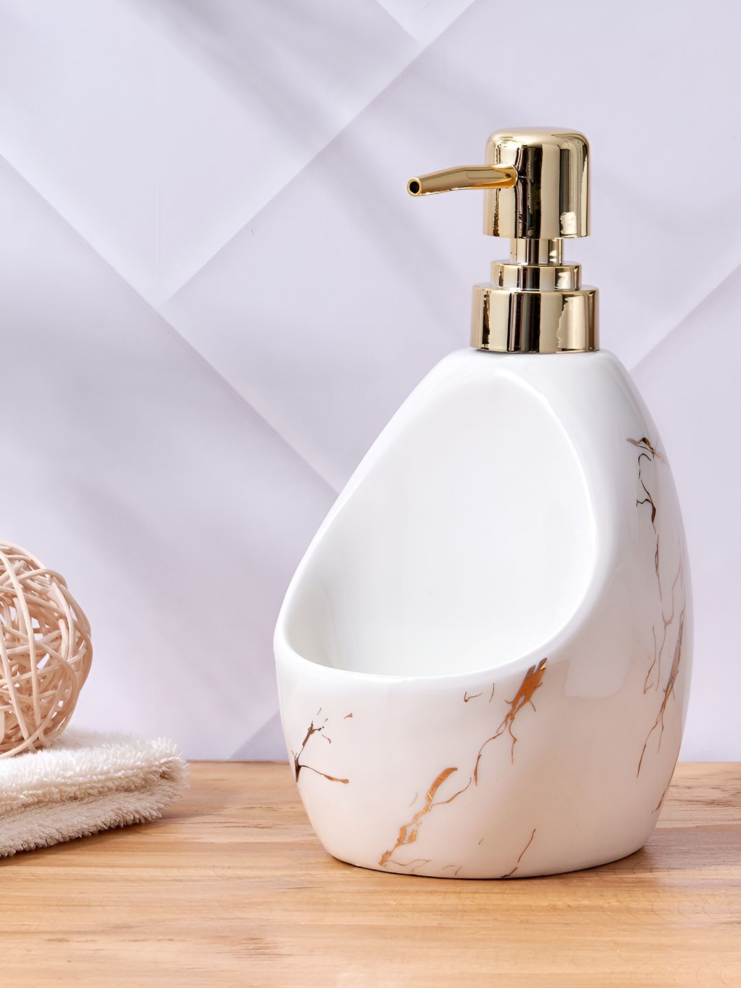 Home Centre White & Gold-Toned Abstract Ceramic Soap Dispenser