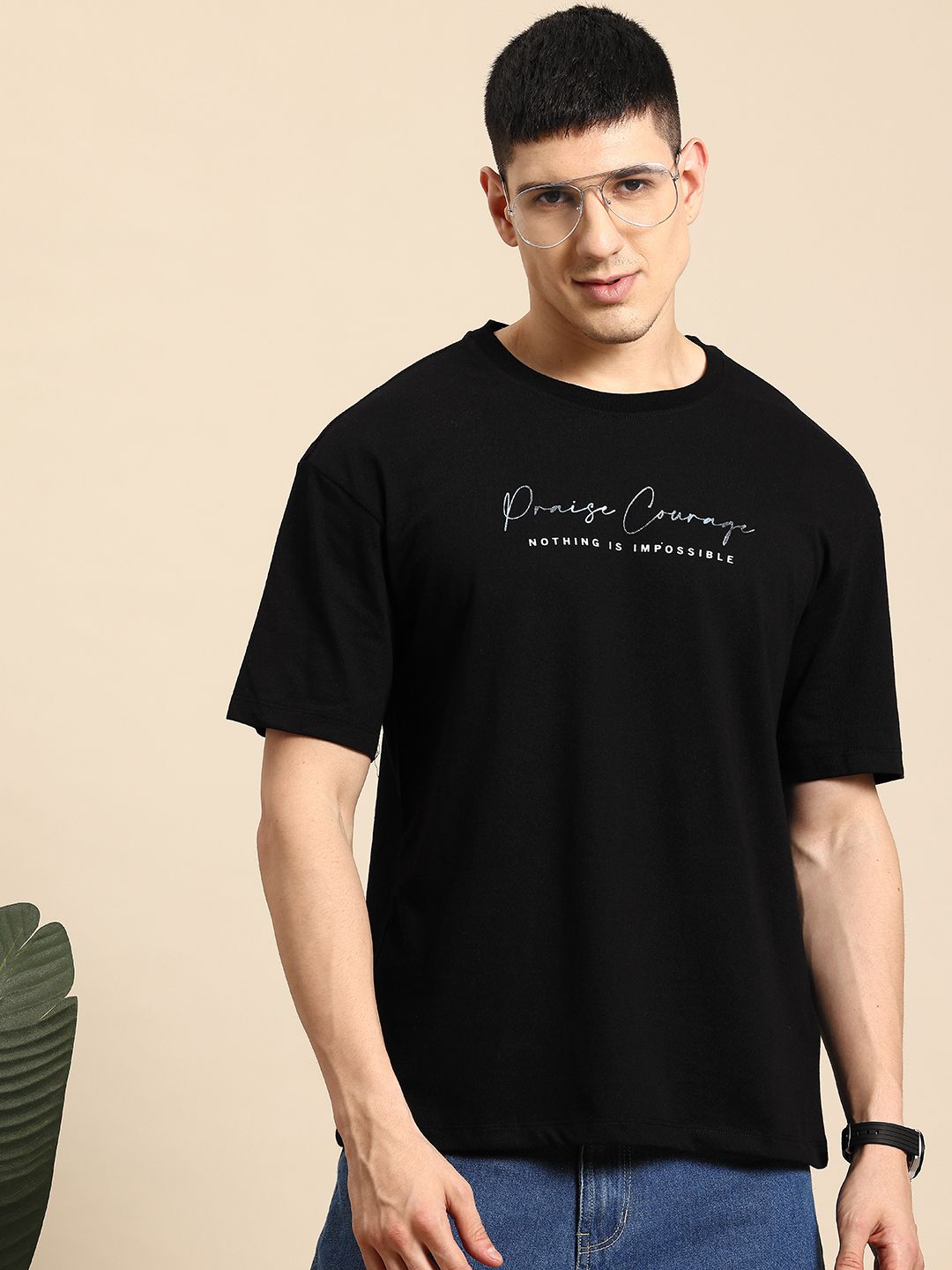 Mast & Harbour Men Typography Printed Drop-Shoulder Sleeves Oversized T-shirt