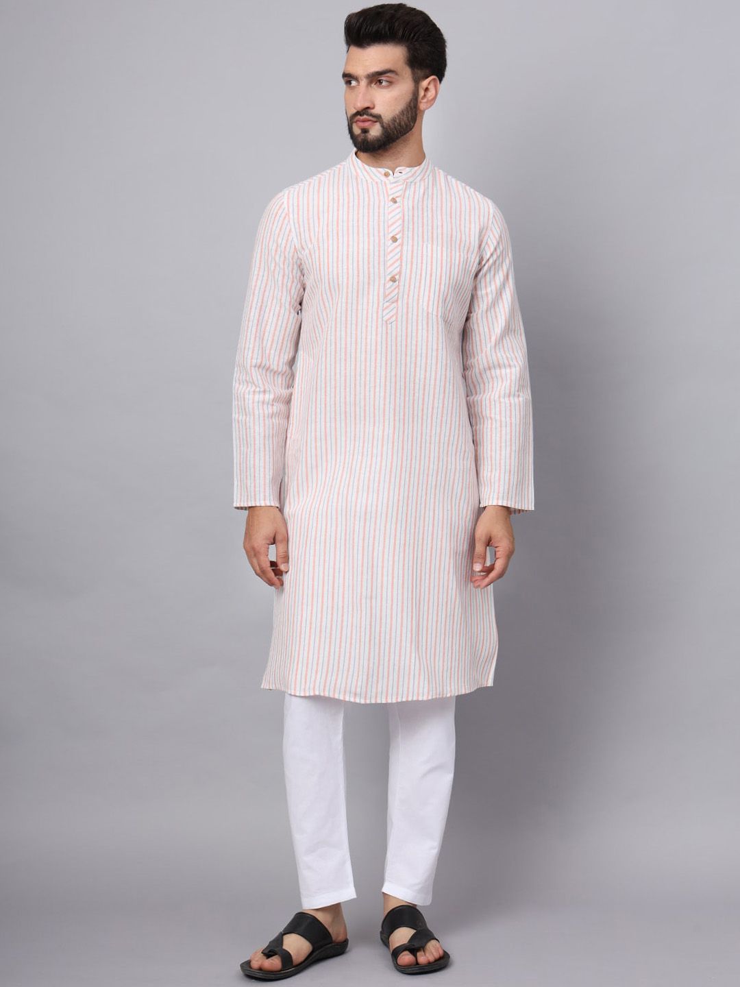 Latest Chikan Garments Striped Mandarin Collar Straight Kurta