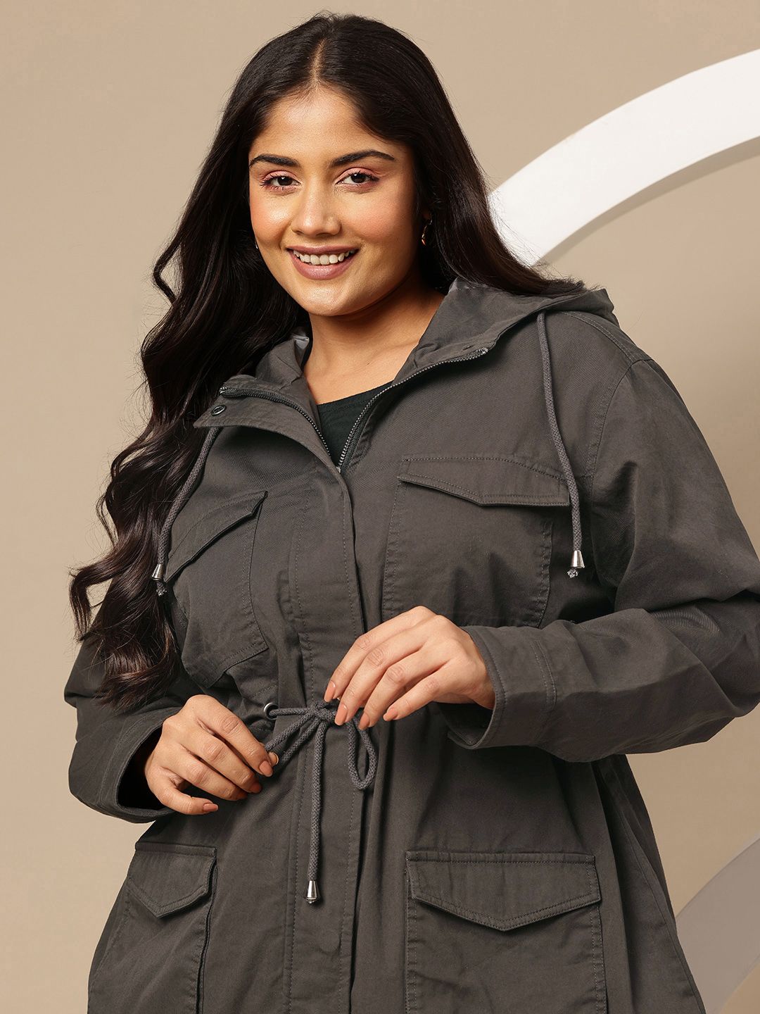Buy Sztori Plus Size Longline Hooded Cotton Tailored Jacket