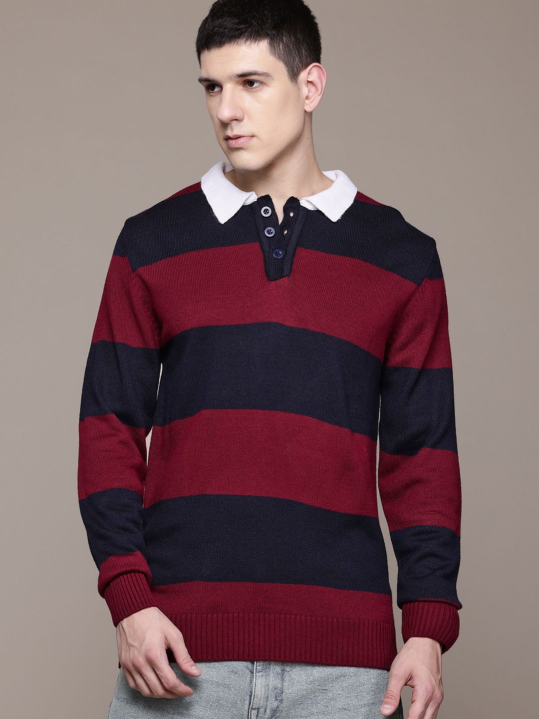 The Roadster Lifestyle Co. Polo Collar Striped Sweaters