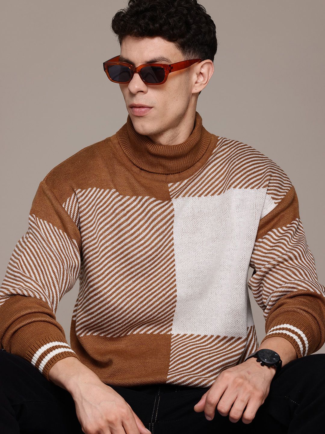 The Roadster Lifestyle Co. Pure Acrylic Striped Colourblocked Pullover