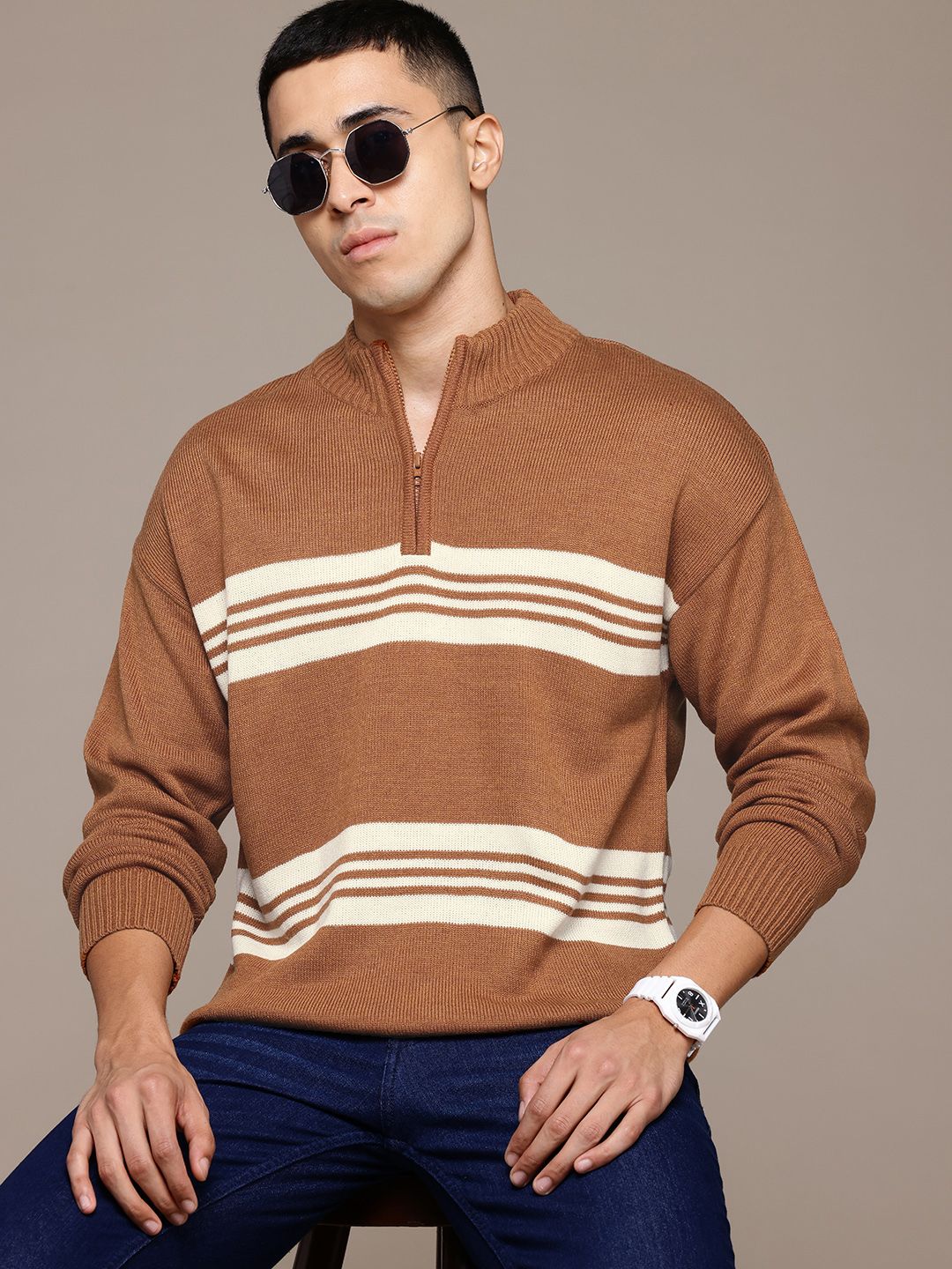 The Roadster Lifestyle Co. Men Striped Acrylic Pullover