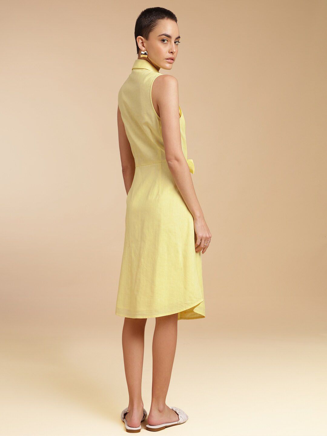 h&m yellow linen dress Women's Light yellow/floral Oversized Tie-detail Dress