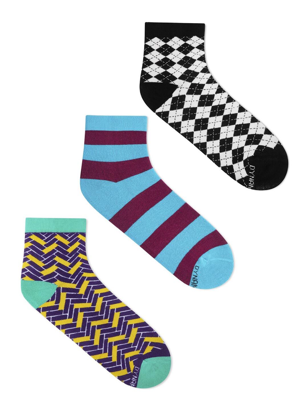 Dynamocks Unisex Pack of 3 Patterned Anti-Microbial Ankle-Length Socks
