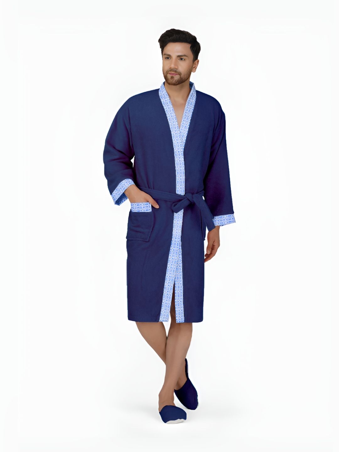 RANGOLI Navy Blue 420 GSM Pure Cotton Bathrobe With Matching Slippers