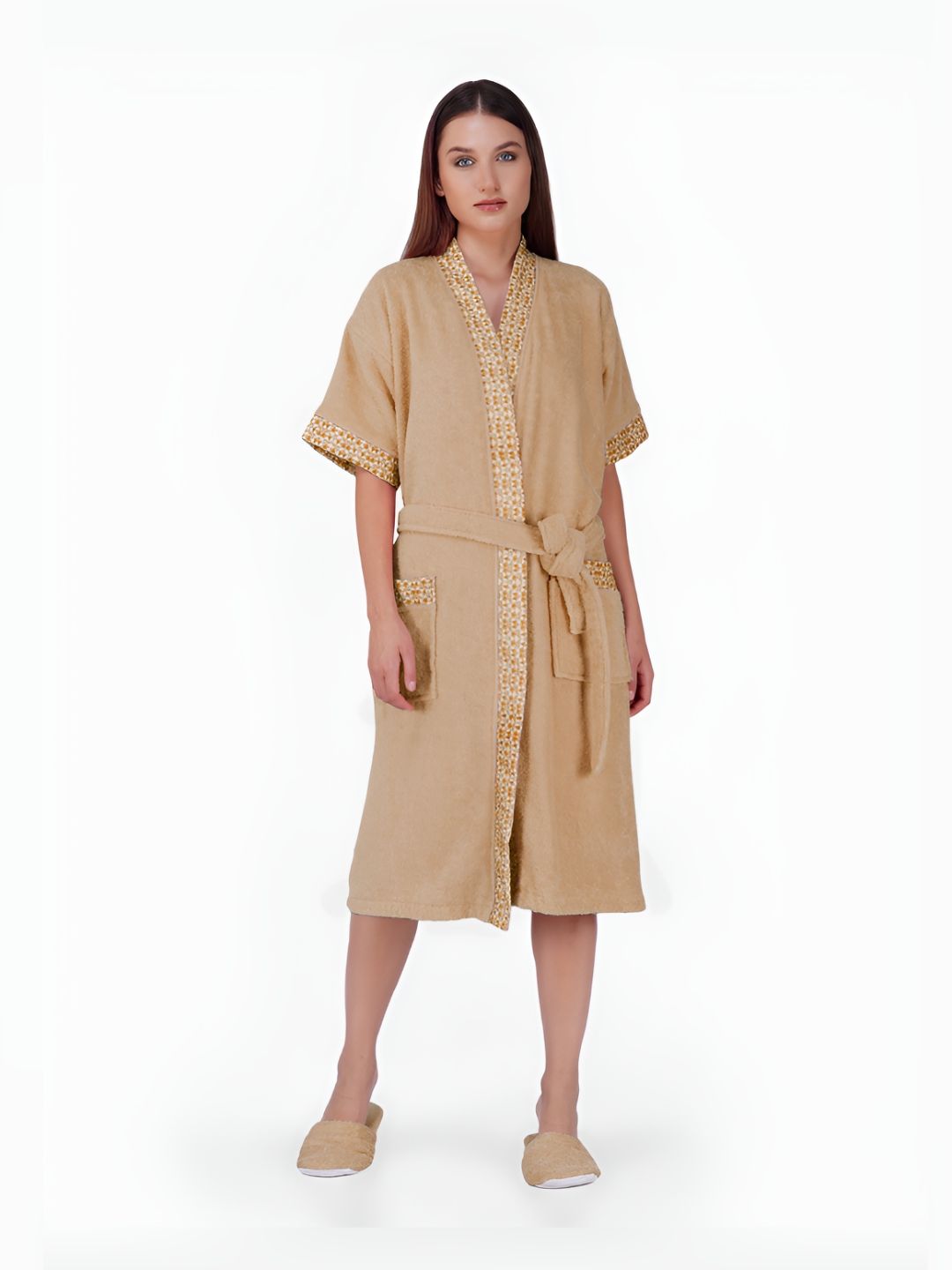 RANGOLI Beige 420 GSM Pure Cotton Bathrobe With Matching Slippers