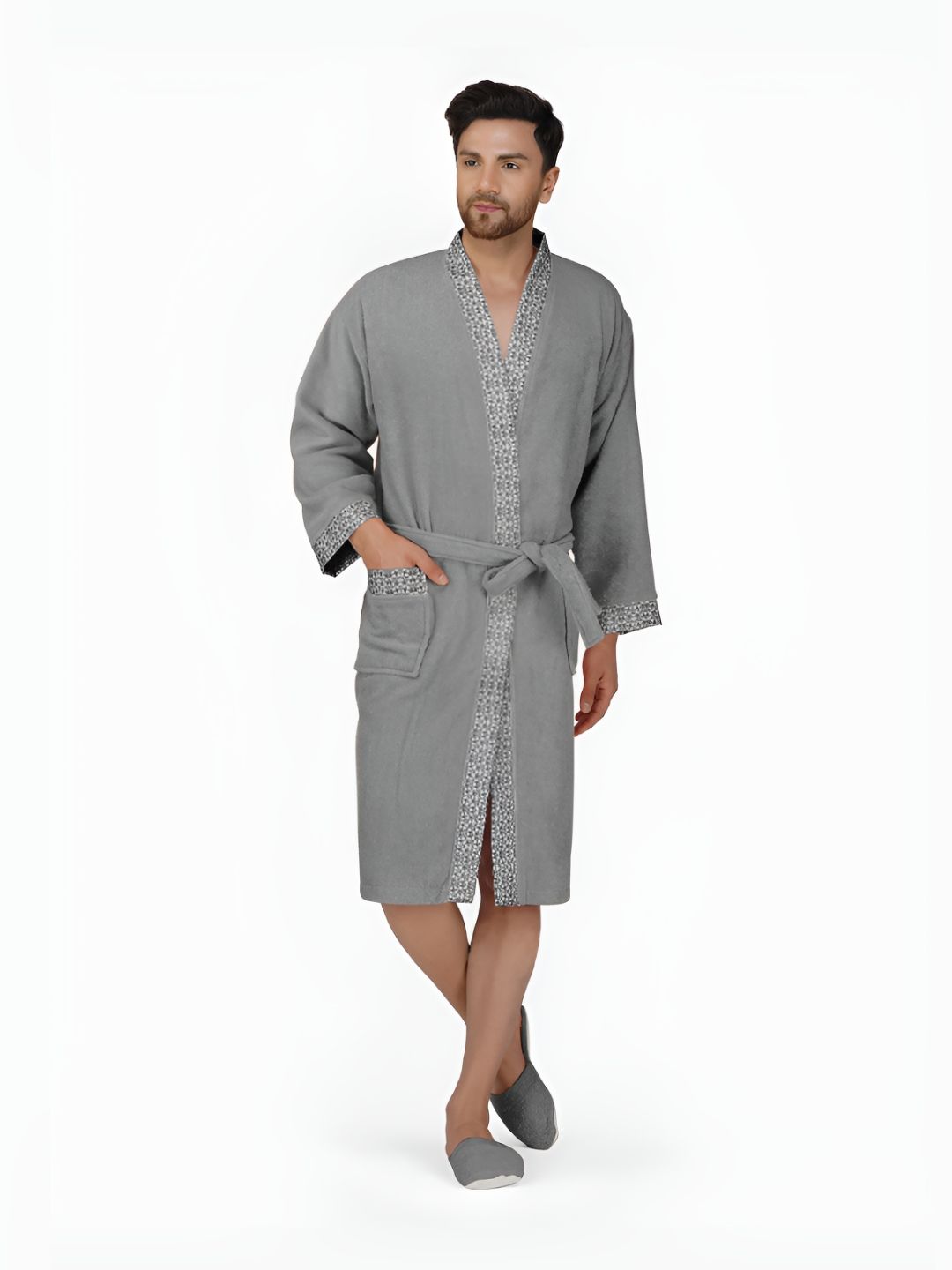 RANGOLI Grey 420 GSM Pure Cotton Bathrobe With Matching Slippers