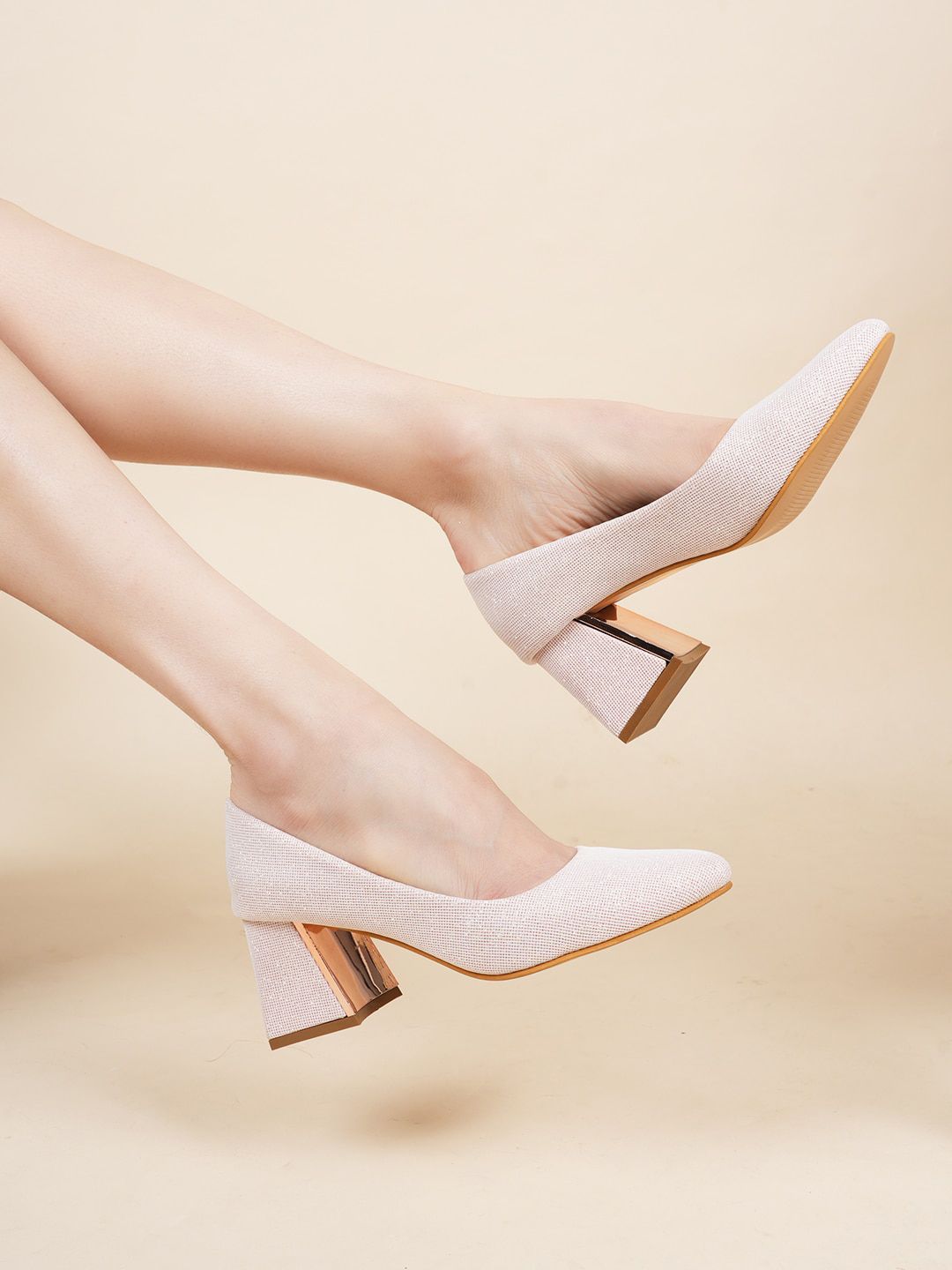 Lavie Textured Round Toe Block Heeled Pumps