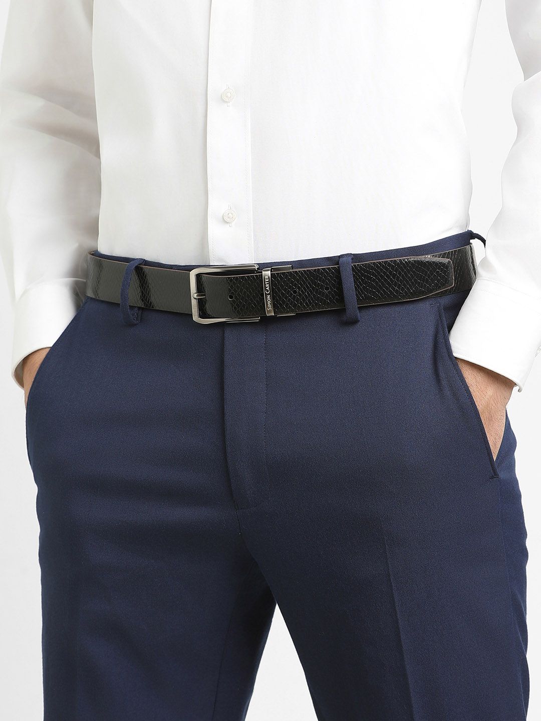 SIMON CARTER LONDON Men Textured Leather Reversible Formal Belt