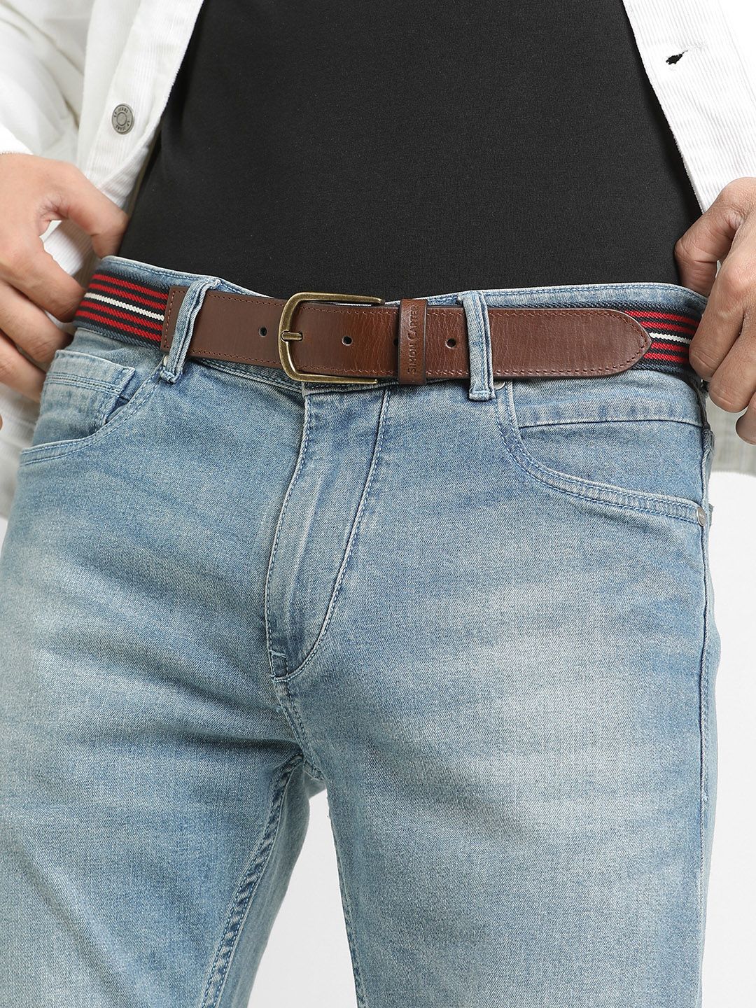 SIMON CARTER LONDON Men Striped Leather Belt