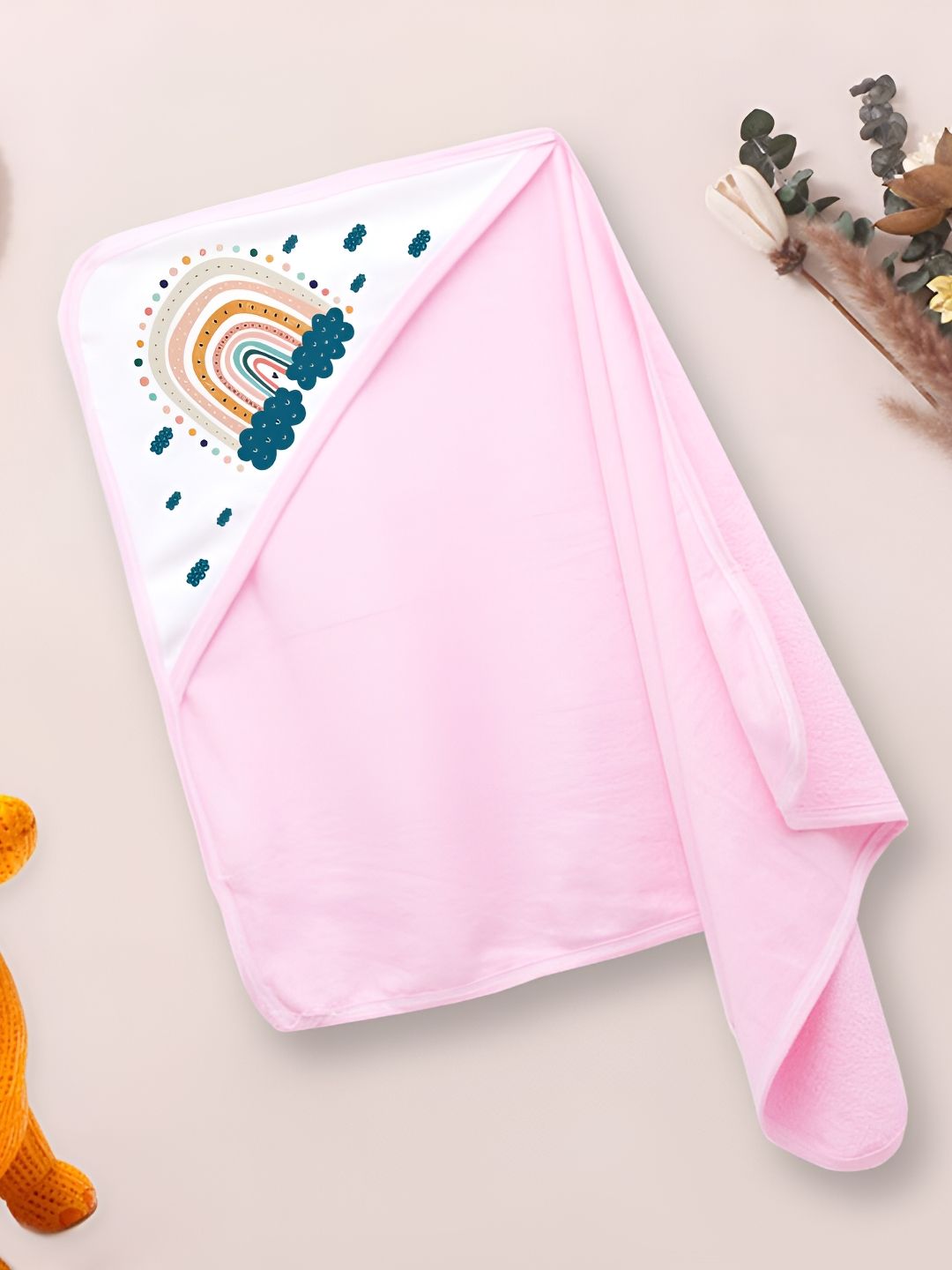 Babywish Pink & White Printed Cotton 225 GSM Bath Towel